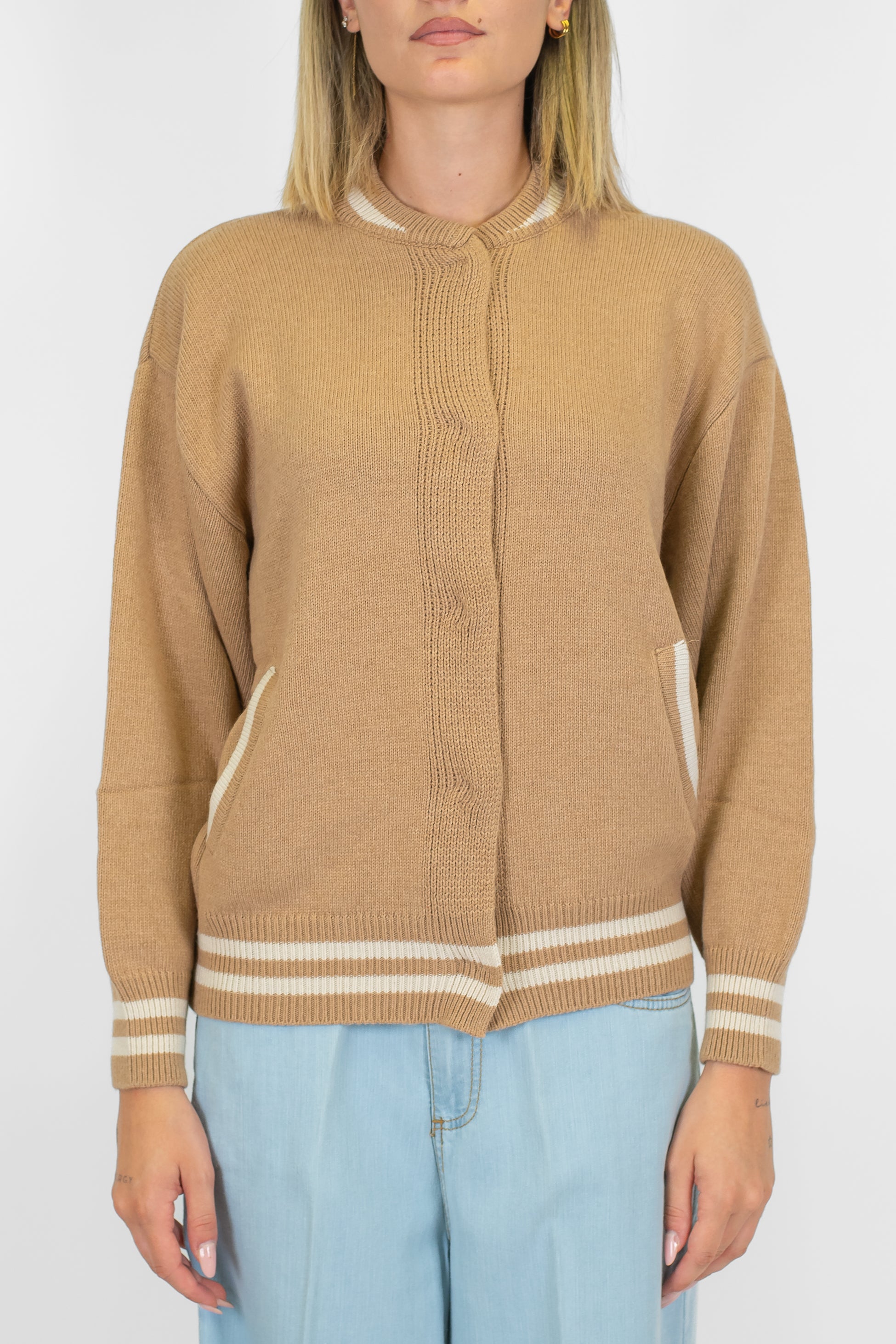 Kontatto - Bomber in maglia misto lana e cashmere con profili a contrasto e chiusura con bottoni