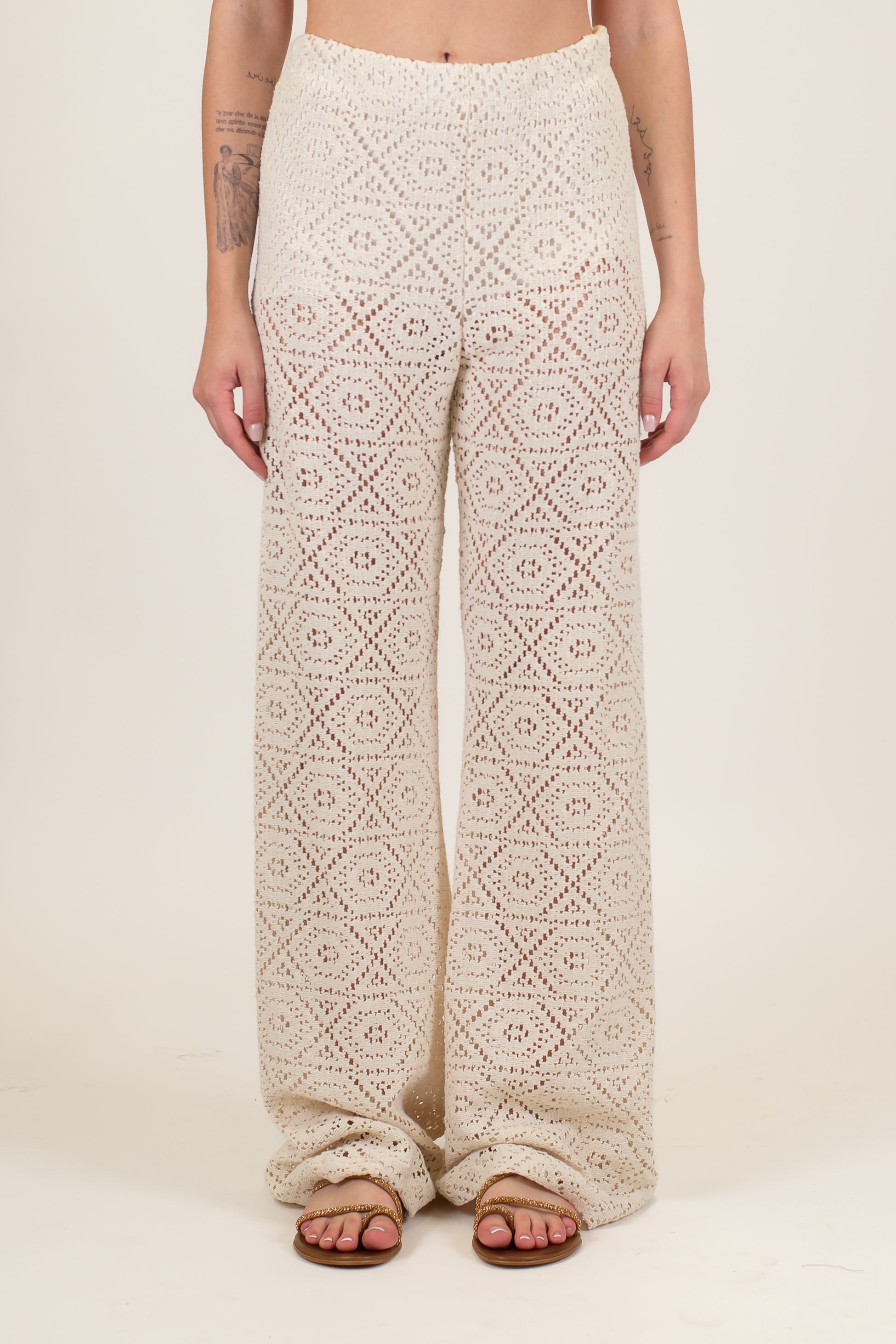 Haveone - Pantalone palazzo ricamato in crochet con elastico in vita