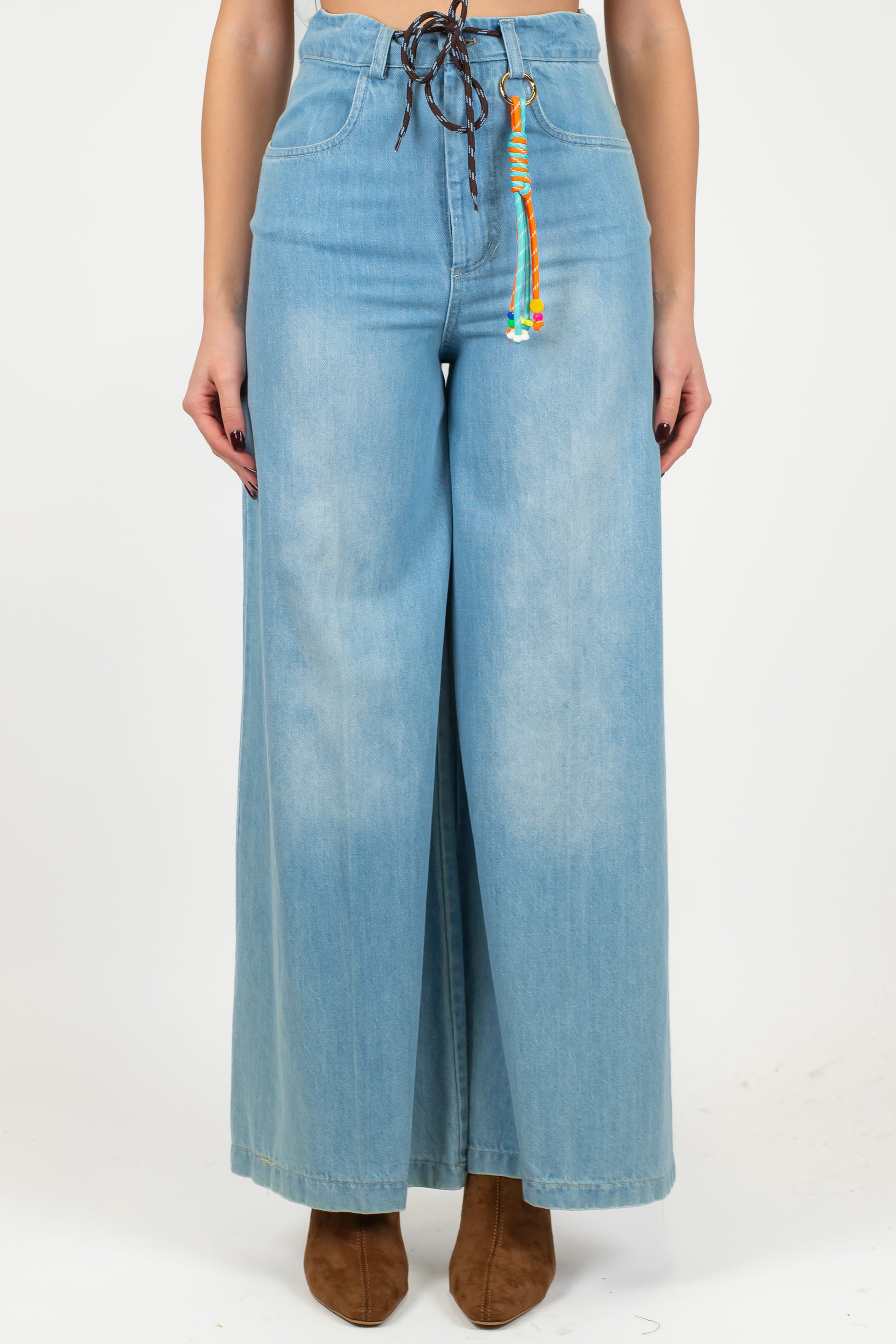 Motel - Jeans palazzo lavaggio chiaro con charm e coulisse in vita