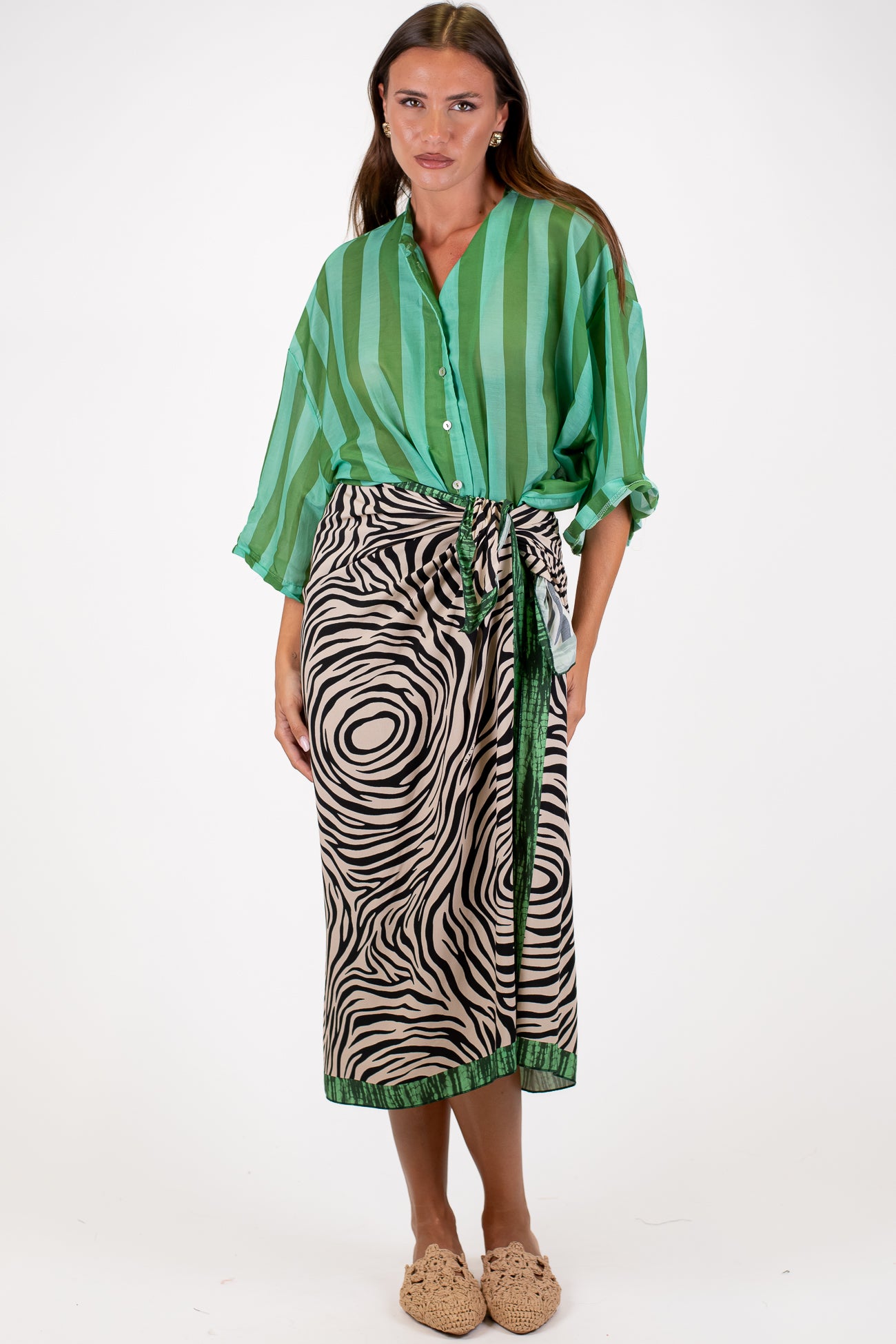 Haveone - Gonna fantasia zebra con profilo a contrasto in viscosa leggera