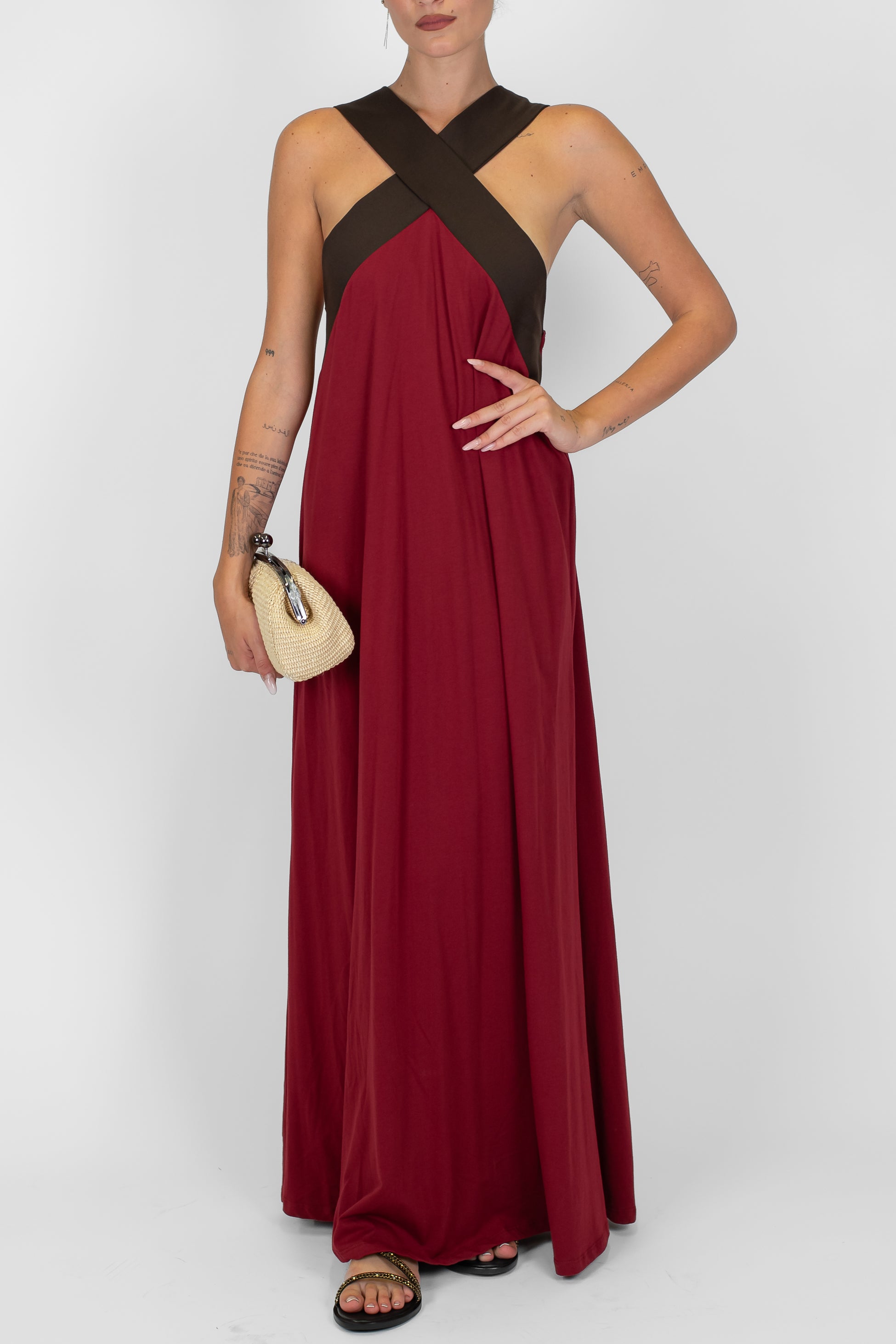 Tensione in - Abito in cotone scollo incrociato bicolore