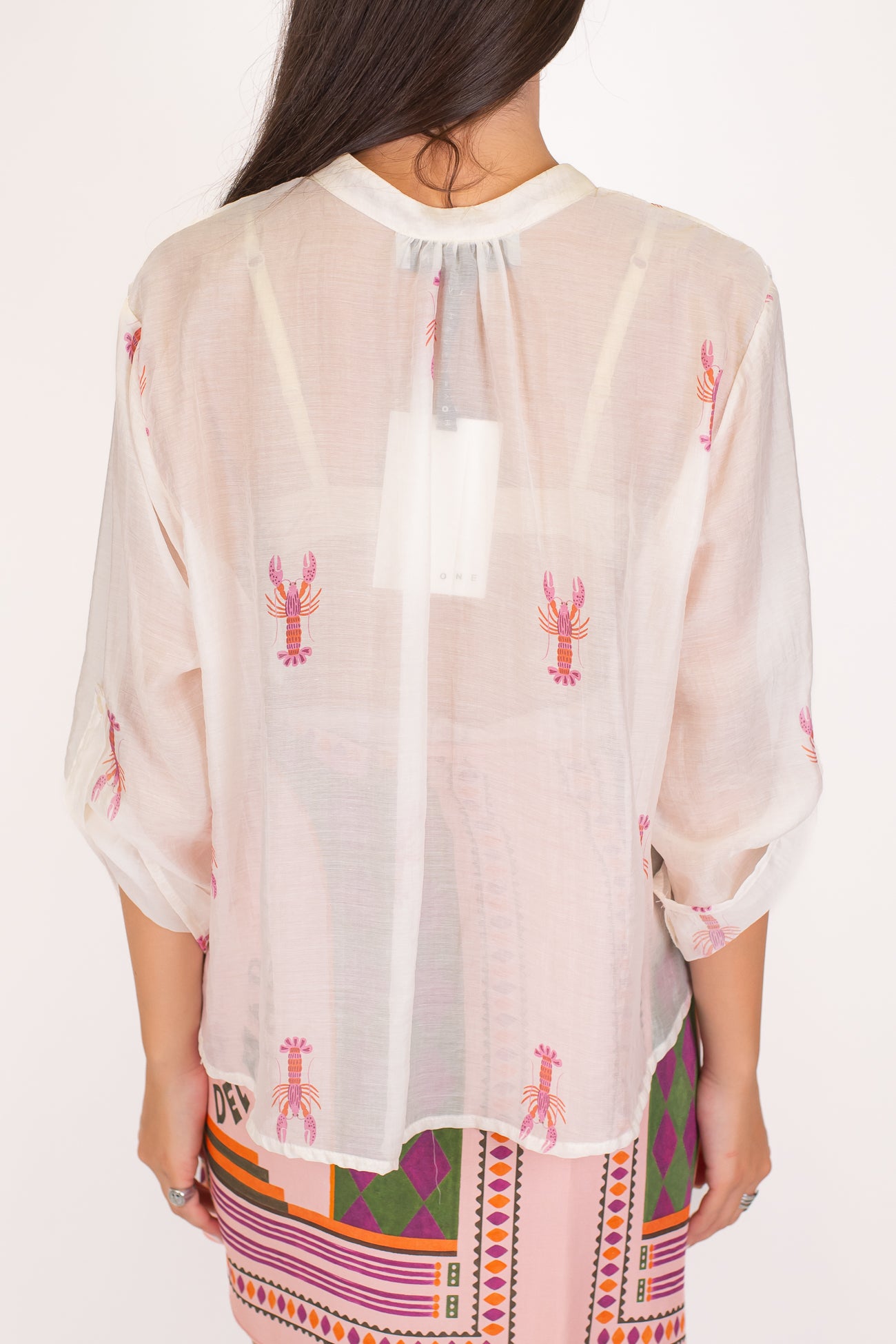 Haveone - Camicia fantasia aragosta in lyocell con collo coreano e manica tre quarti