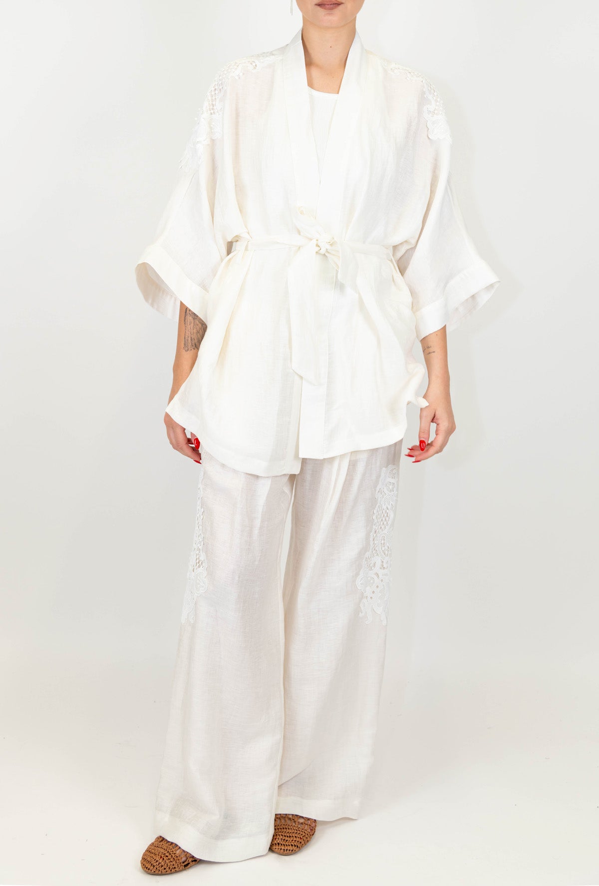 Maryley - Pantalone palazzo in lino con ricami ed elastico in vita