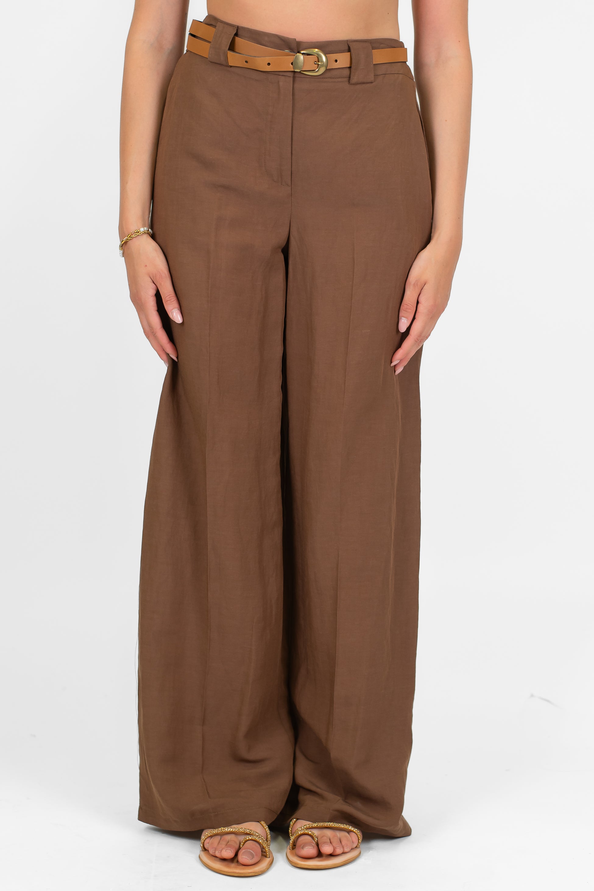 Tensione in - Pantalone palazzo in misto lino e viscosa con elastico sul retro