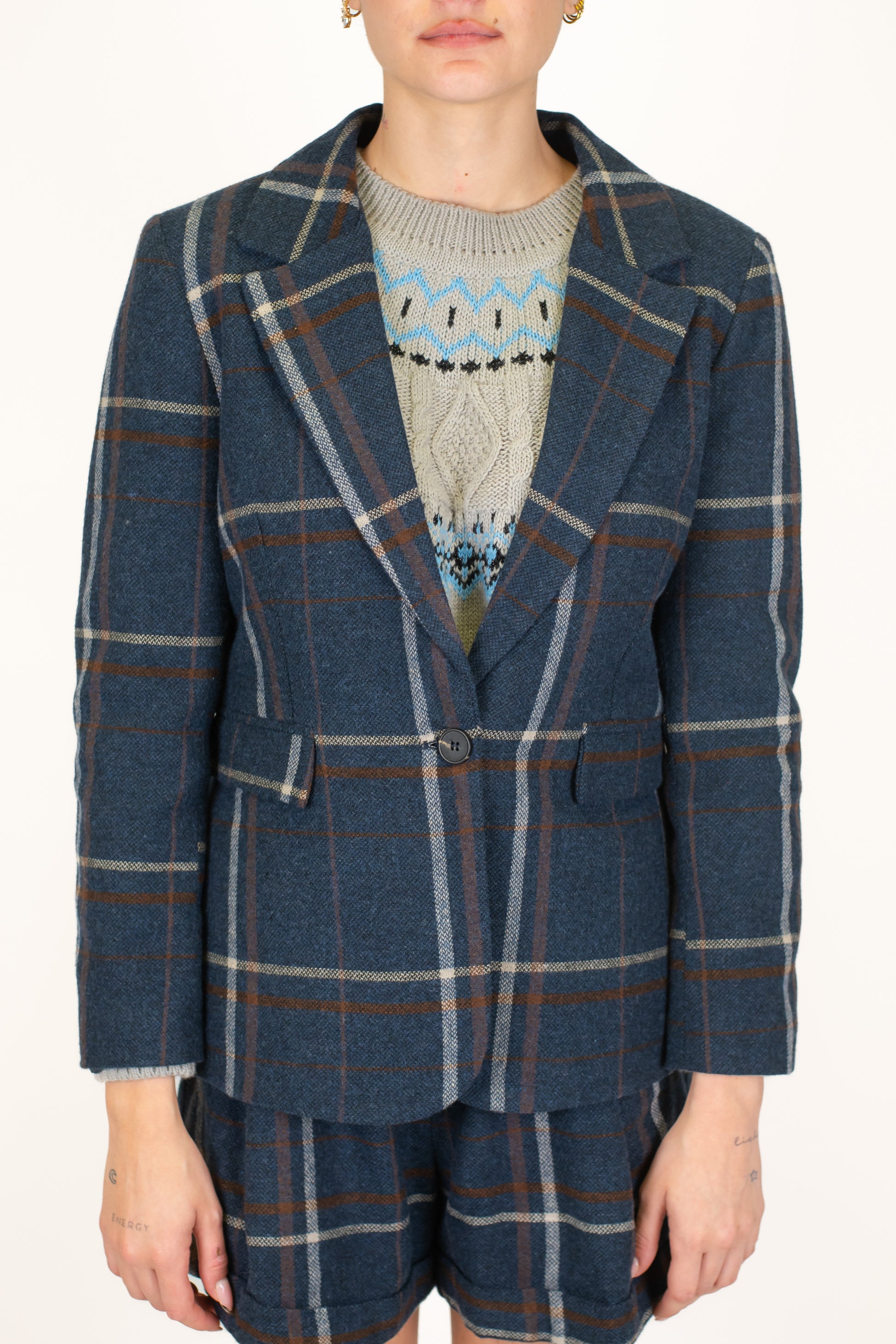 Tensione in - Giacca a scatola fantasia quadri in misto lana con spalline