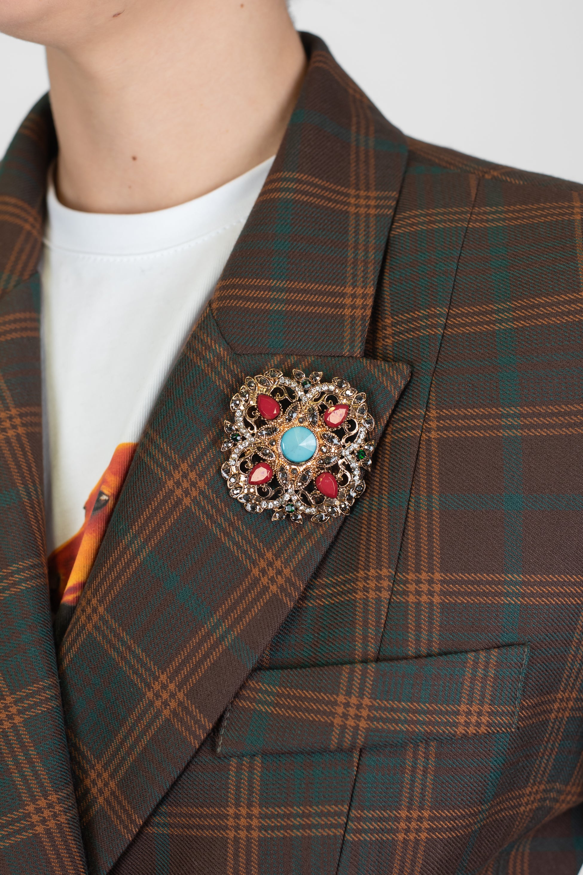 Maryley - Giacca doppiopetto fantasia check con spilla