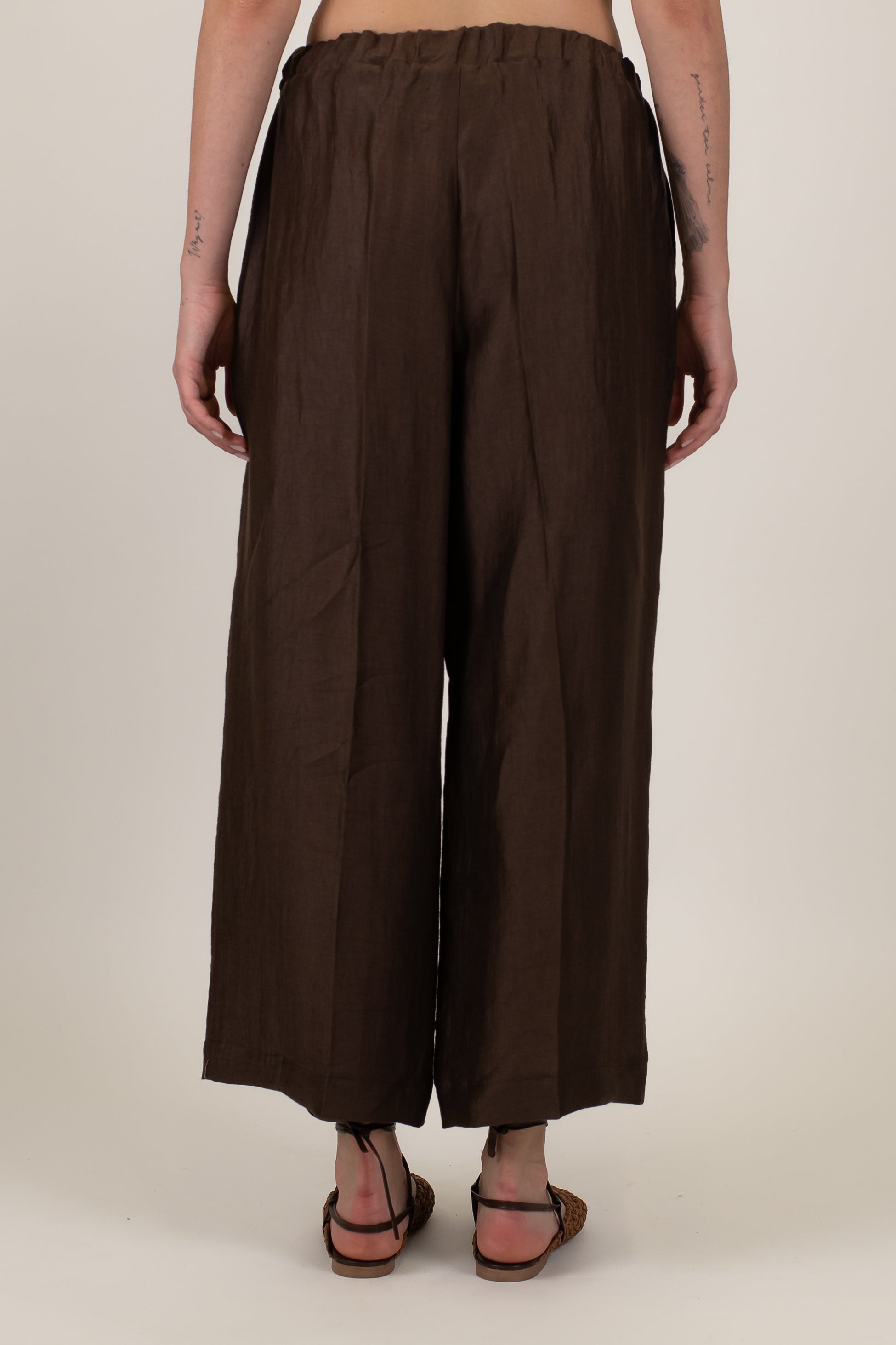 Maryley - Pantalone regular in lino con ricami ed elastico in vita