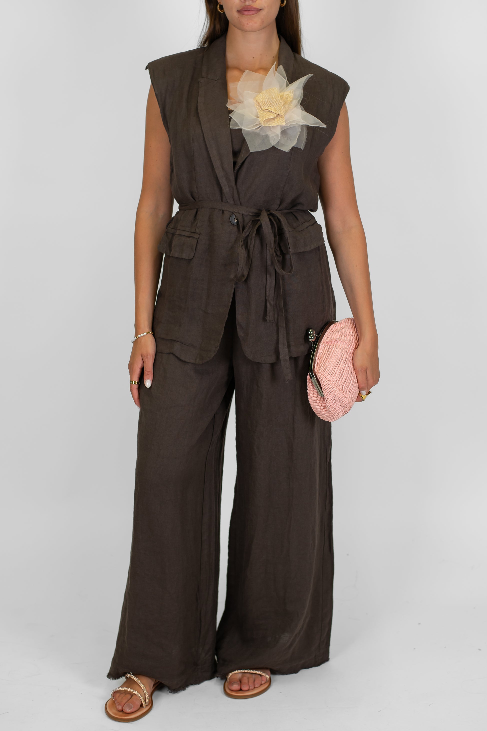 Tensione in - Pantalone palazzo in puro lino con coulisse