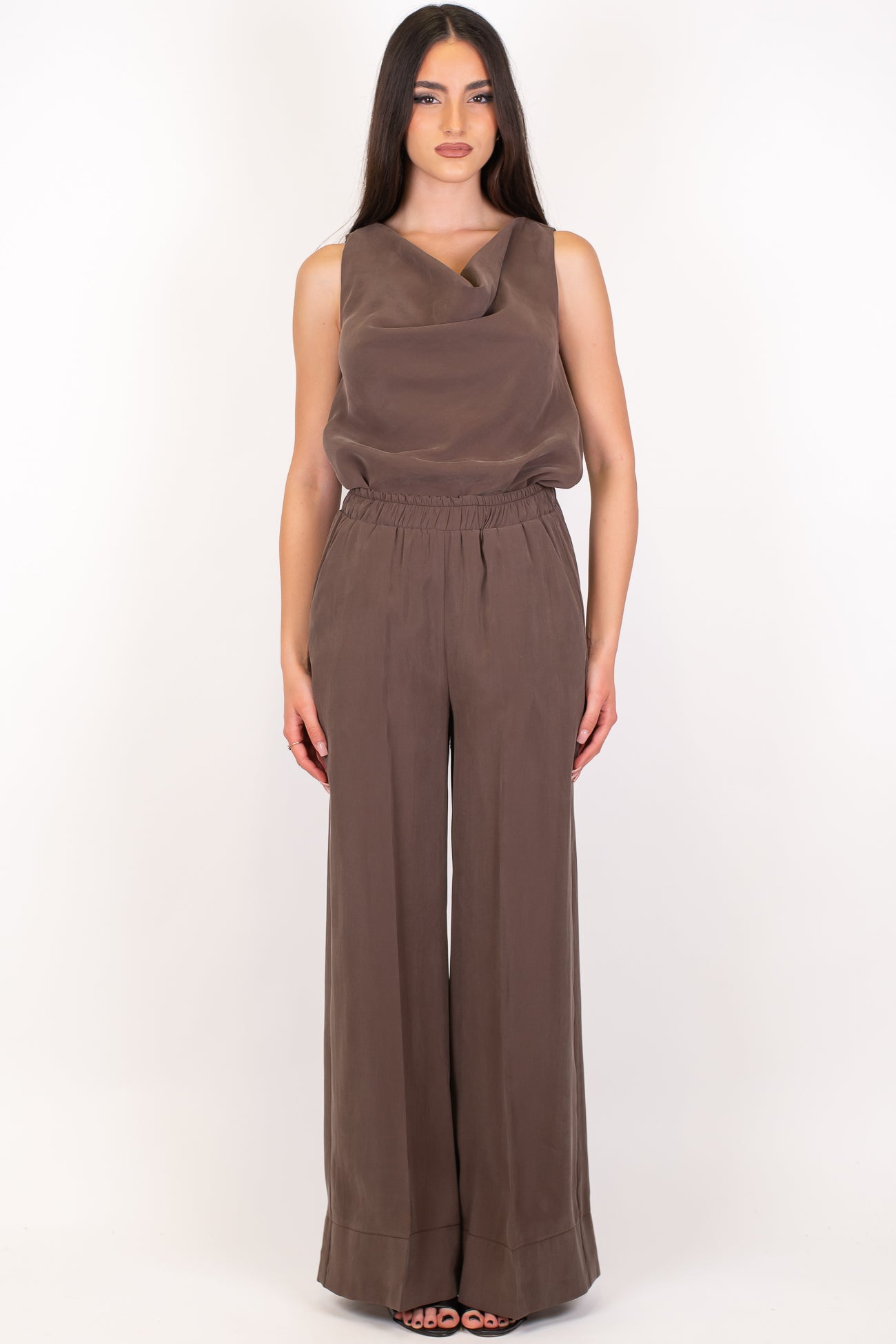 Maryley - Coordinato con top lungo asimmetrico e pantalone palazzo con elastico in vita