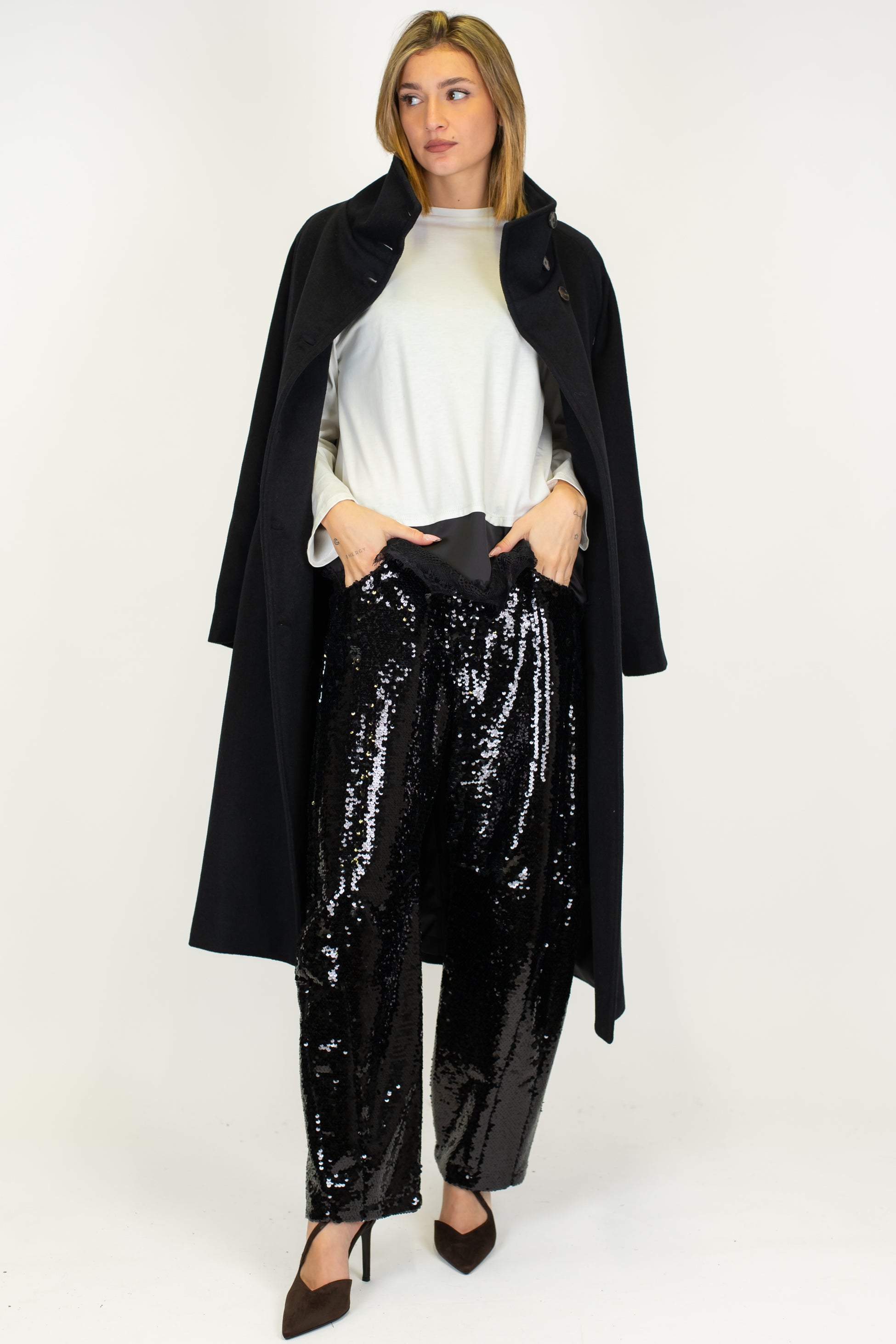 Tensione in - Cappotto lungo collo alto in misto lana con cintura in tessuto