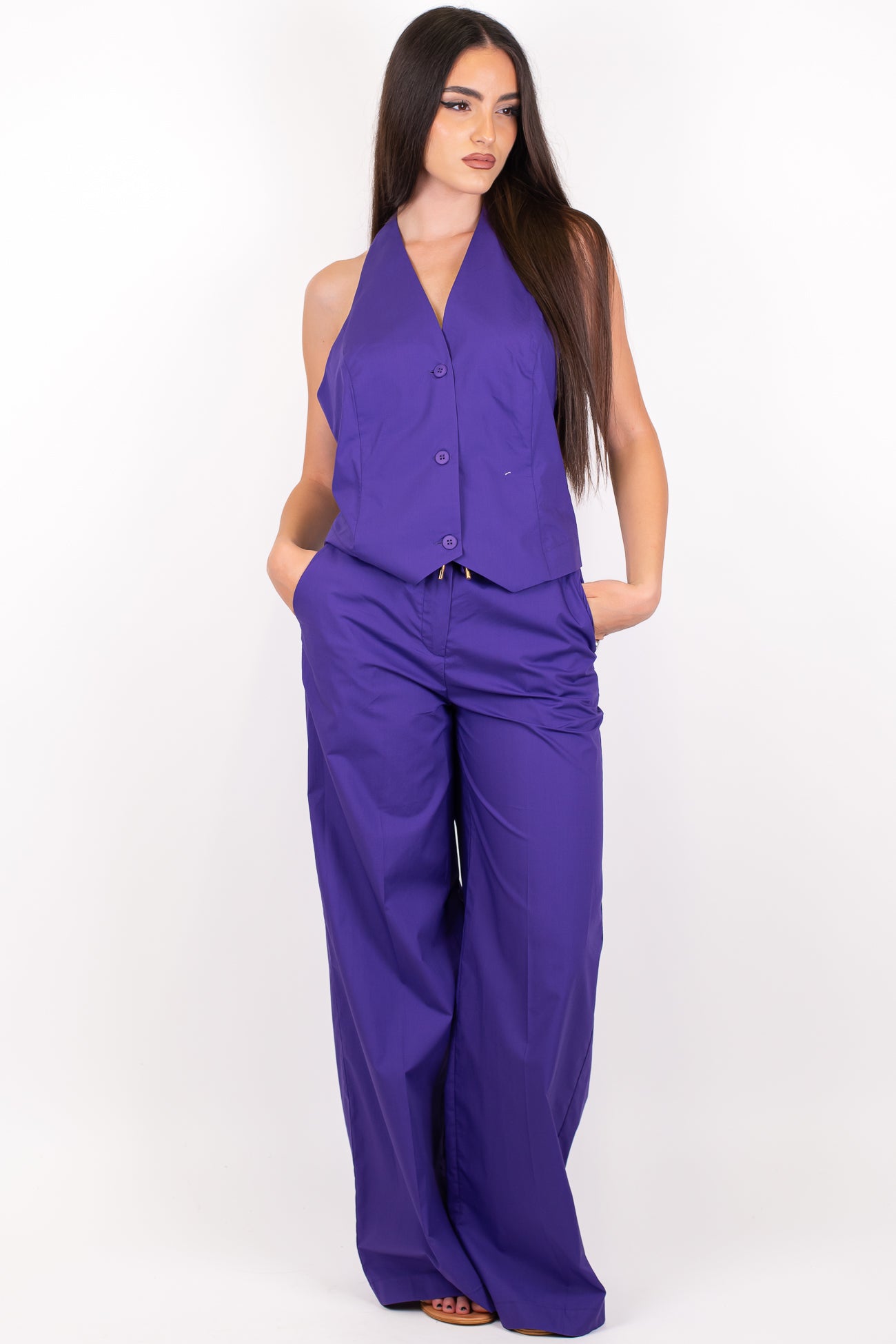 Dixie - Coordinato in cotone tela paracadute con top scollo americano e pantalone palazzo con elastico sul retro