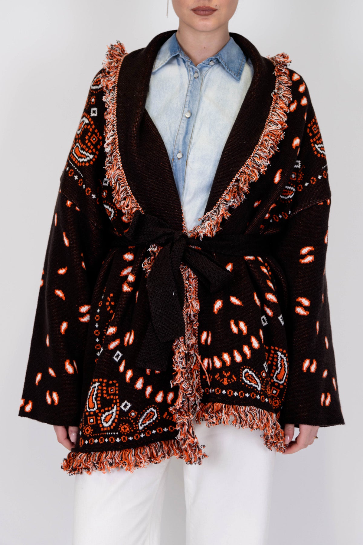 Tensione in - Cardigan fantasia astratta con cintura e profilo con frange