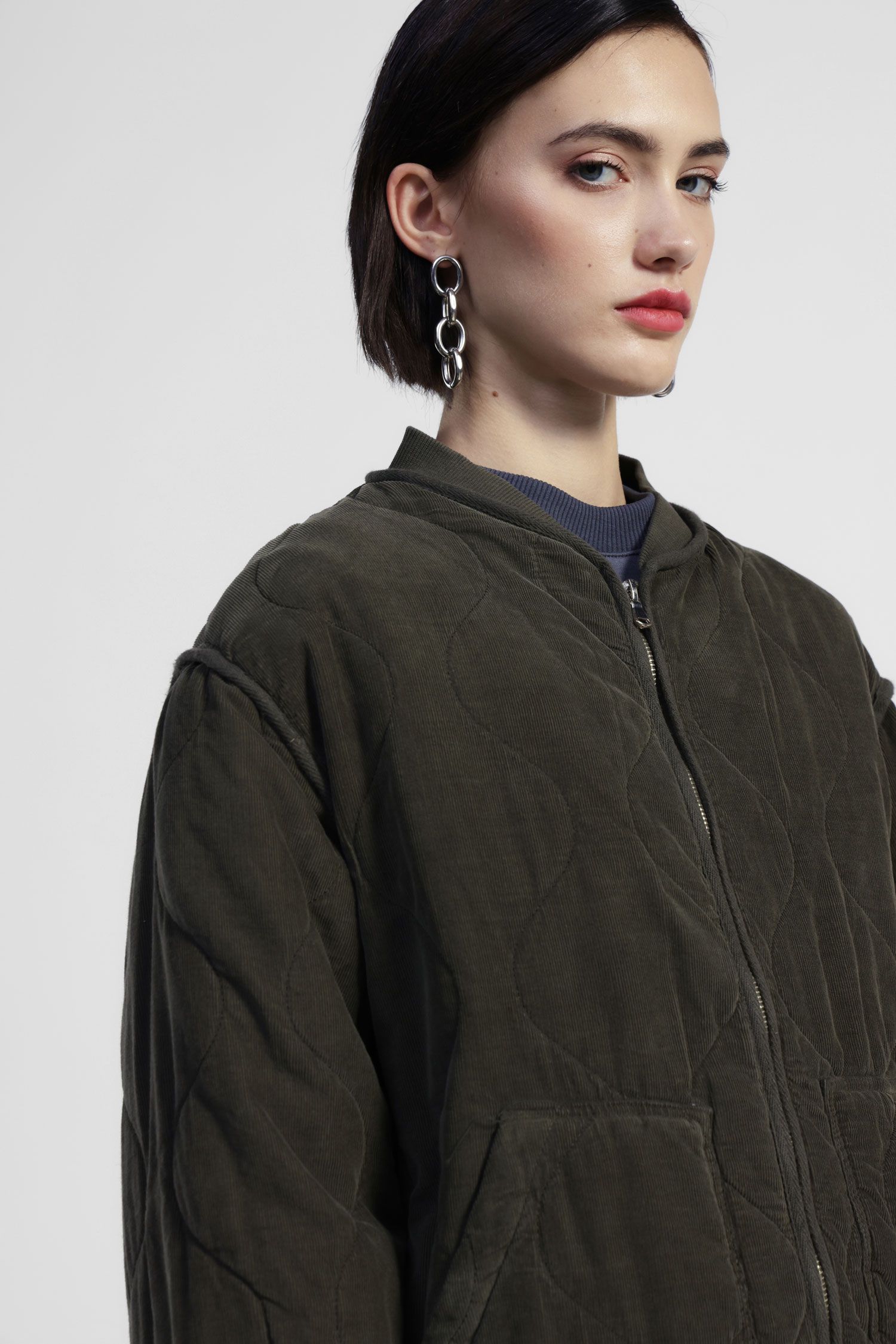 Dixie - Giacca trapuntata in velluto a costine con collo coreano e chiusura zip