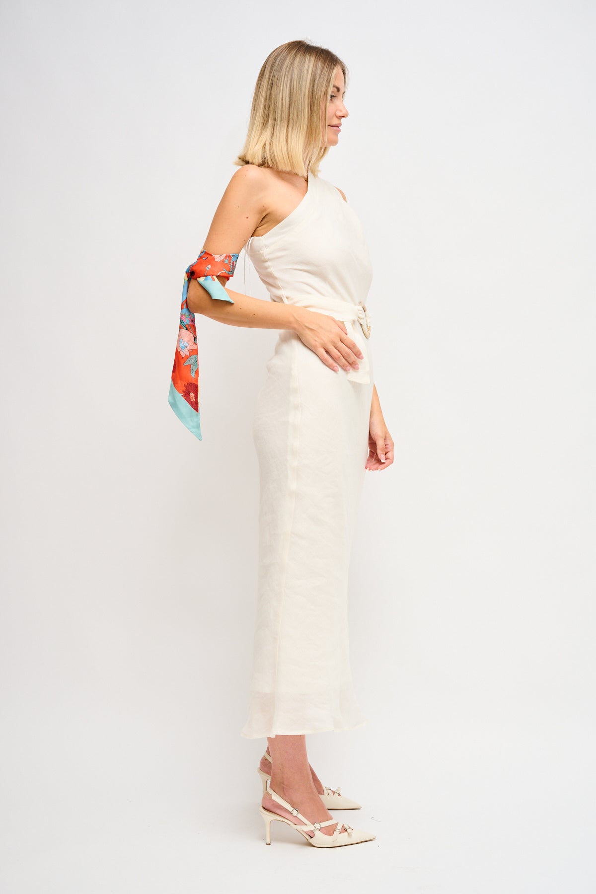 Maryley - Abito lungo monospalla in lino con cintura in vita