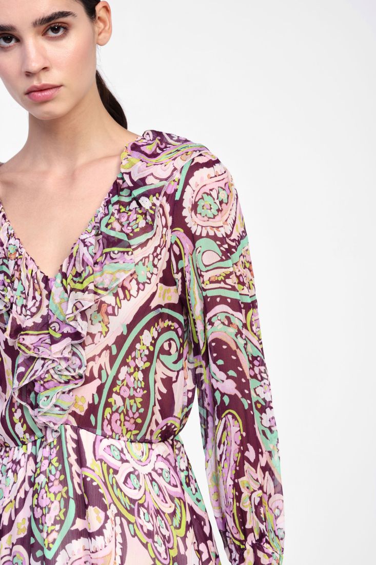 Dixie - Abito lungo fantasia muticolor scollo v con volant