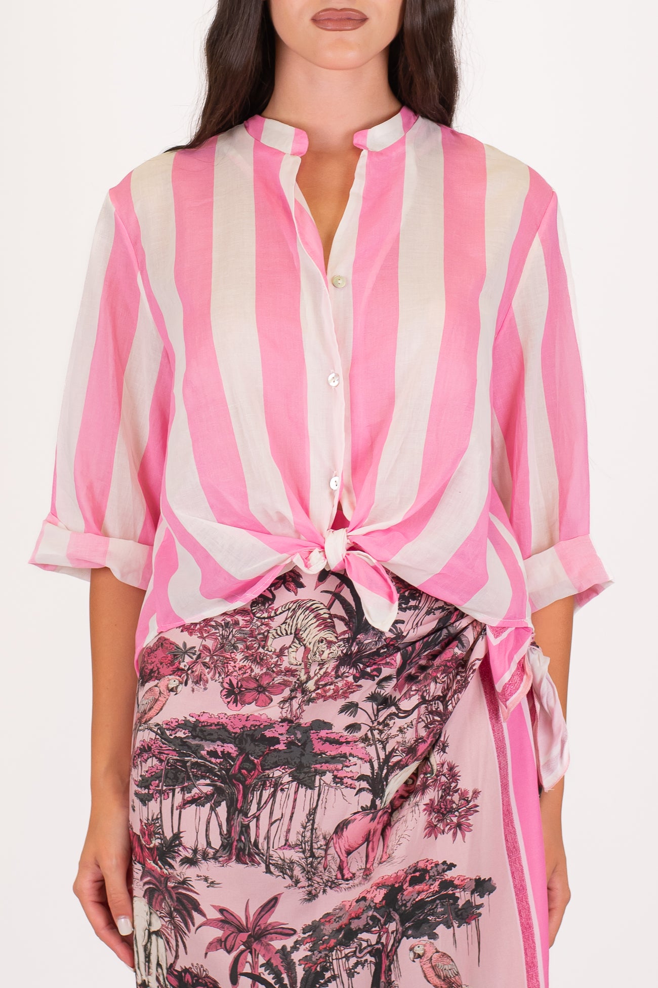 Motel - Camicia fantasia a righe in mussola di cotone con collo coreano