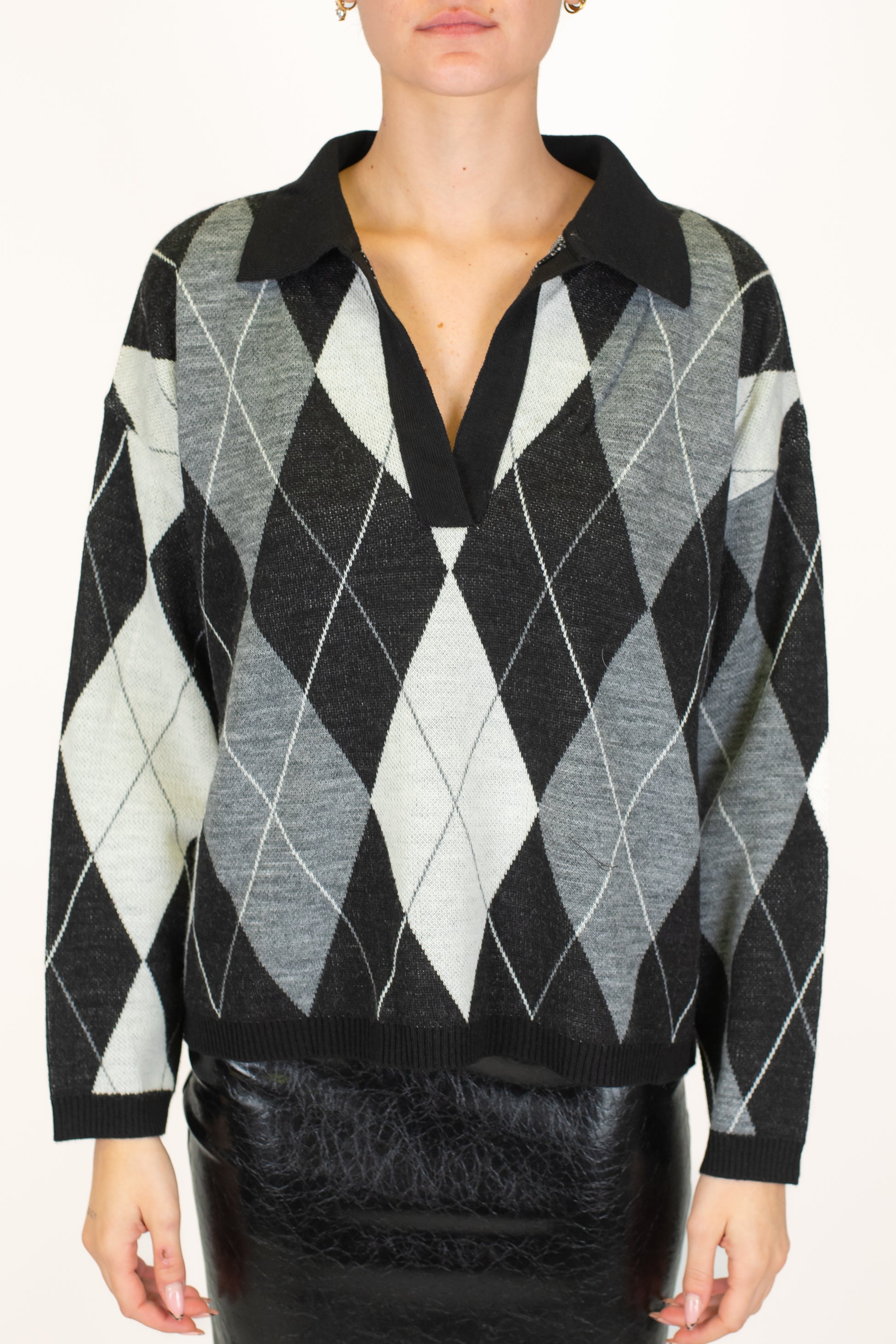 Motel - Polo in maglia fantasia rombi in misto lana