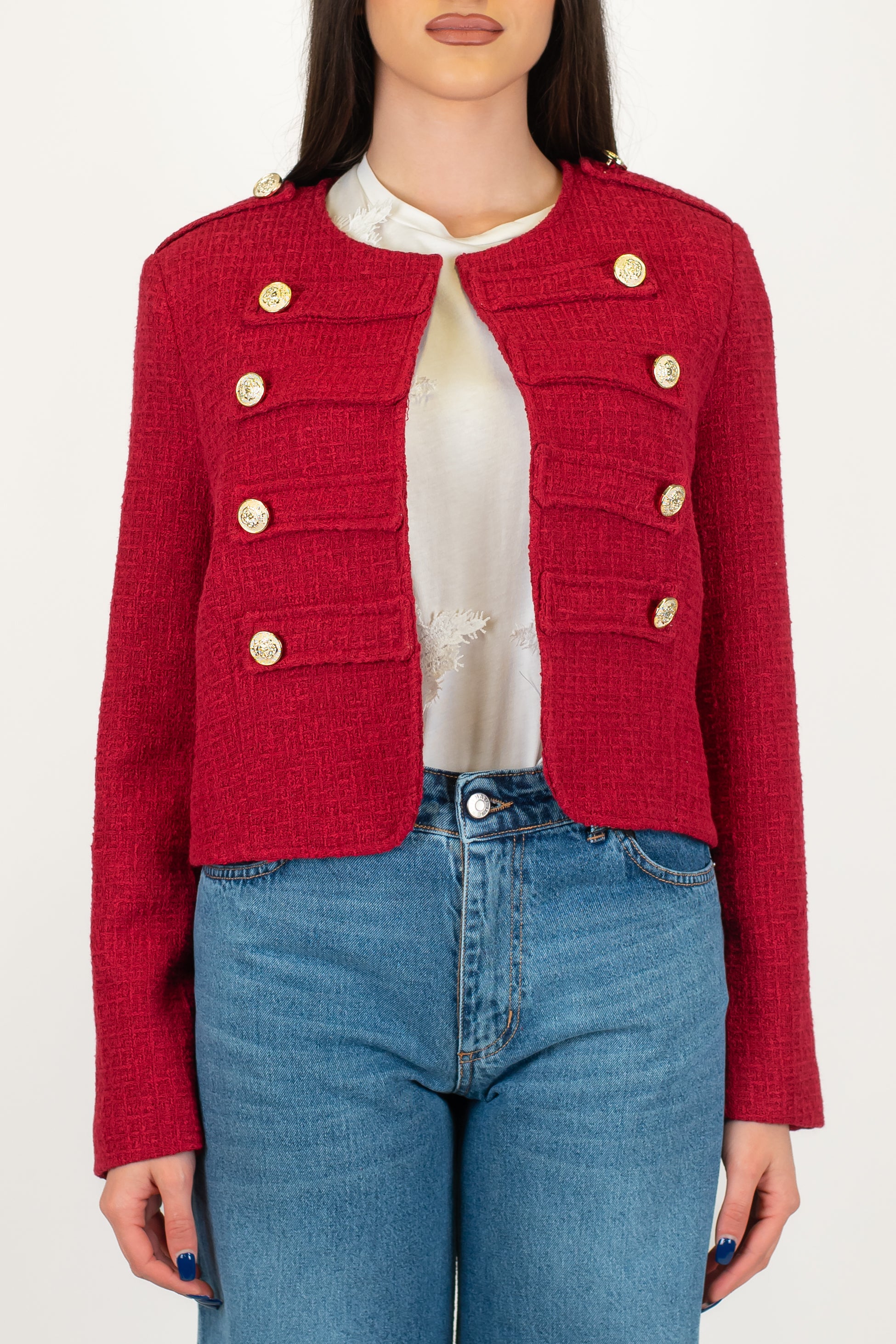 Tensione in - Giacca crop girocollo in tweed modello napoleone