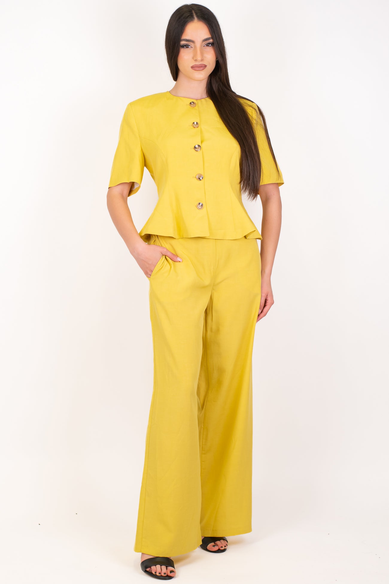 Motel - Coordinato in tencel con giacca girocollo mezzamanica e pantalone palazzo con elastico sul retro