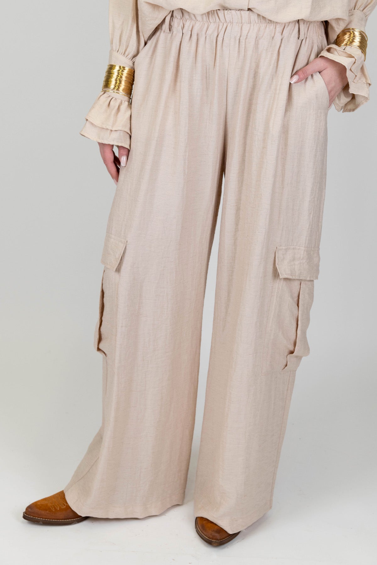 Haveone - Pantalone cargo palazzo in misto lino con elastico in vita