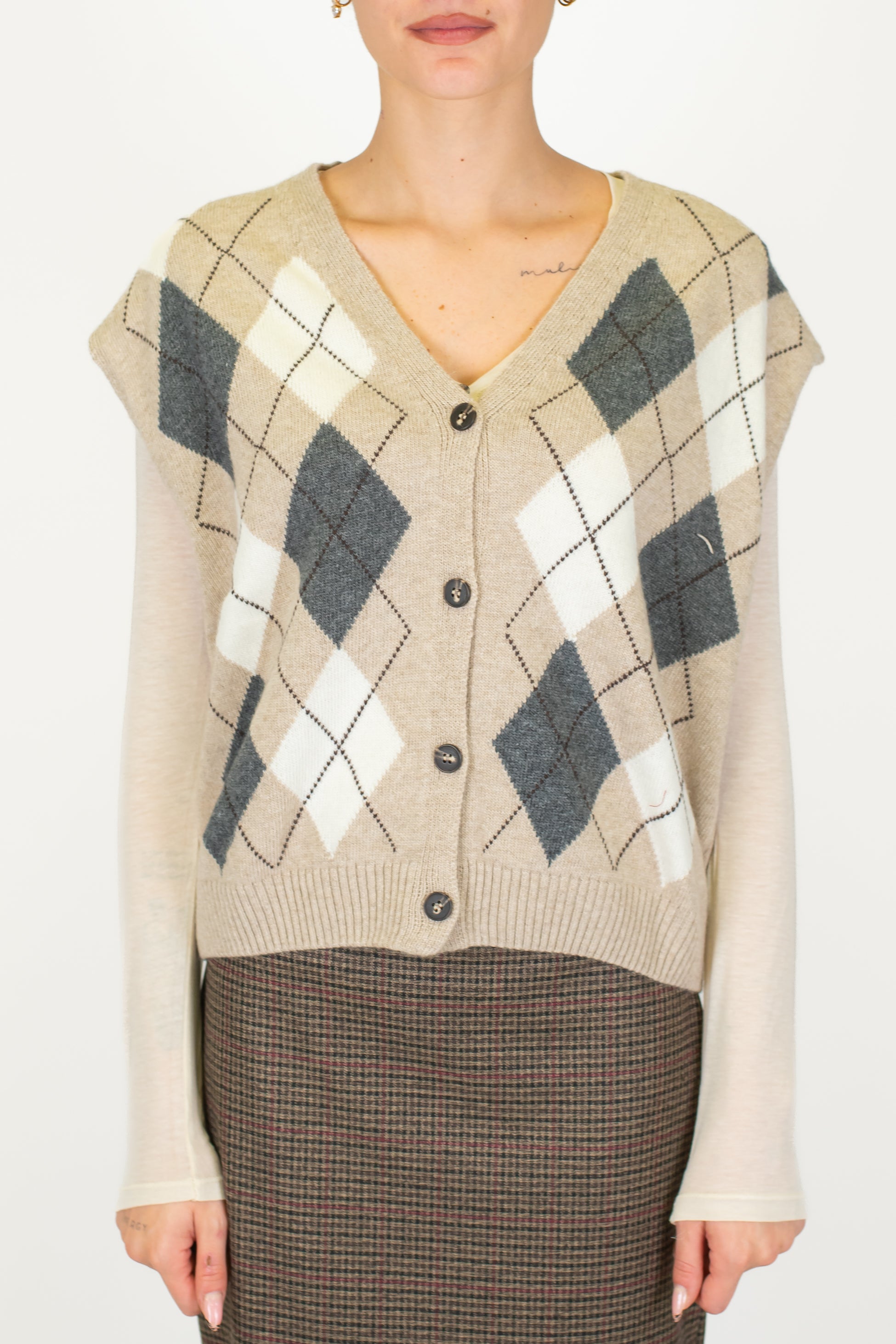 Tensione in - Gilet in maglia fantasia rombi a contrasto