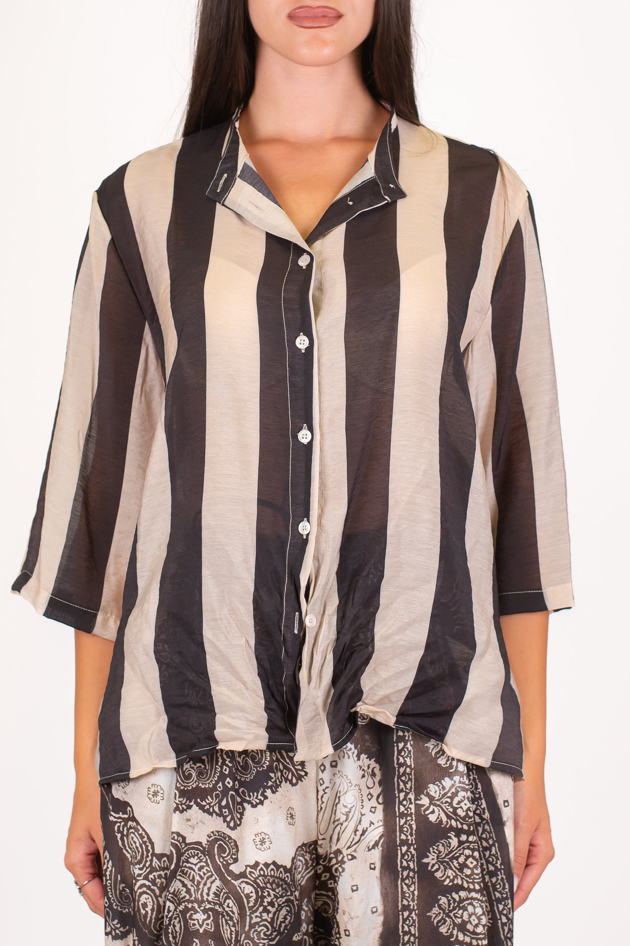 Dixie - Camicia fantasia a righe in viscosa leggera con collo coreano e manica