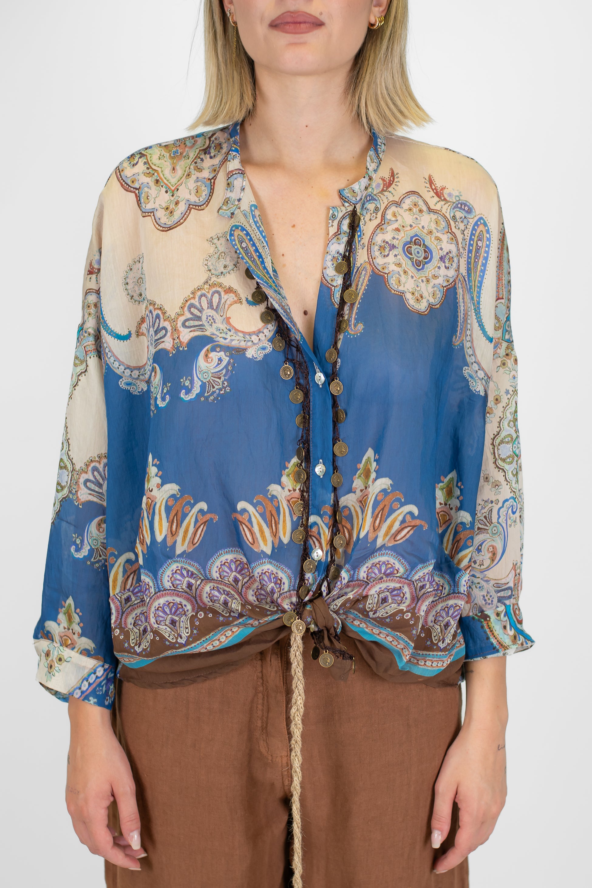 Motel - Camicia fantasia astratta in lyocell con collo coreano