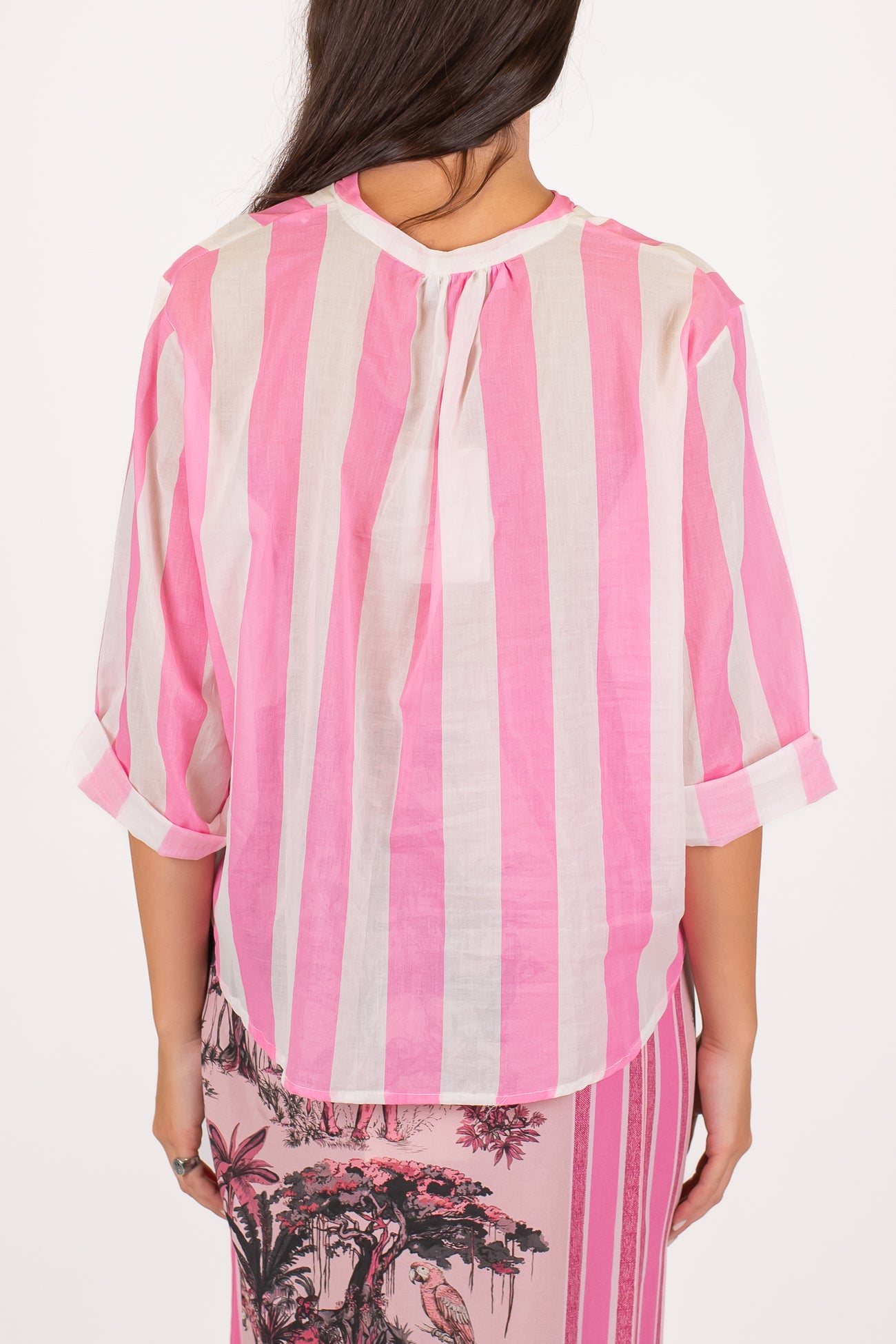 Motel - Camicia fantasia a righe in mussola di cotone con collo coreano
