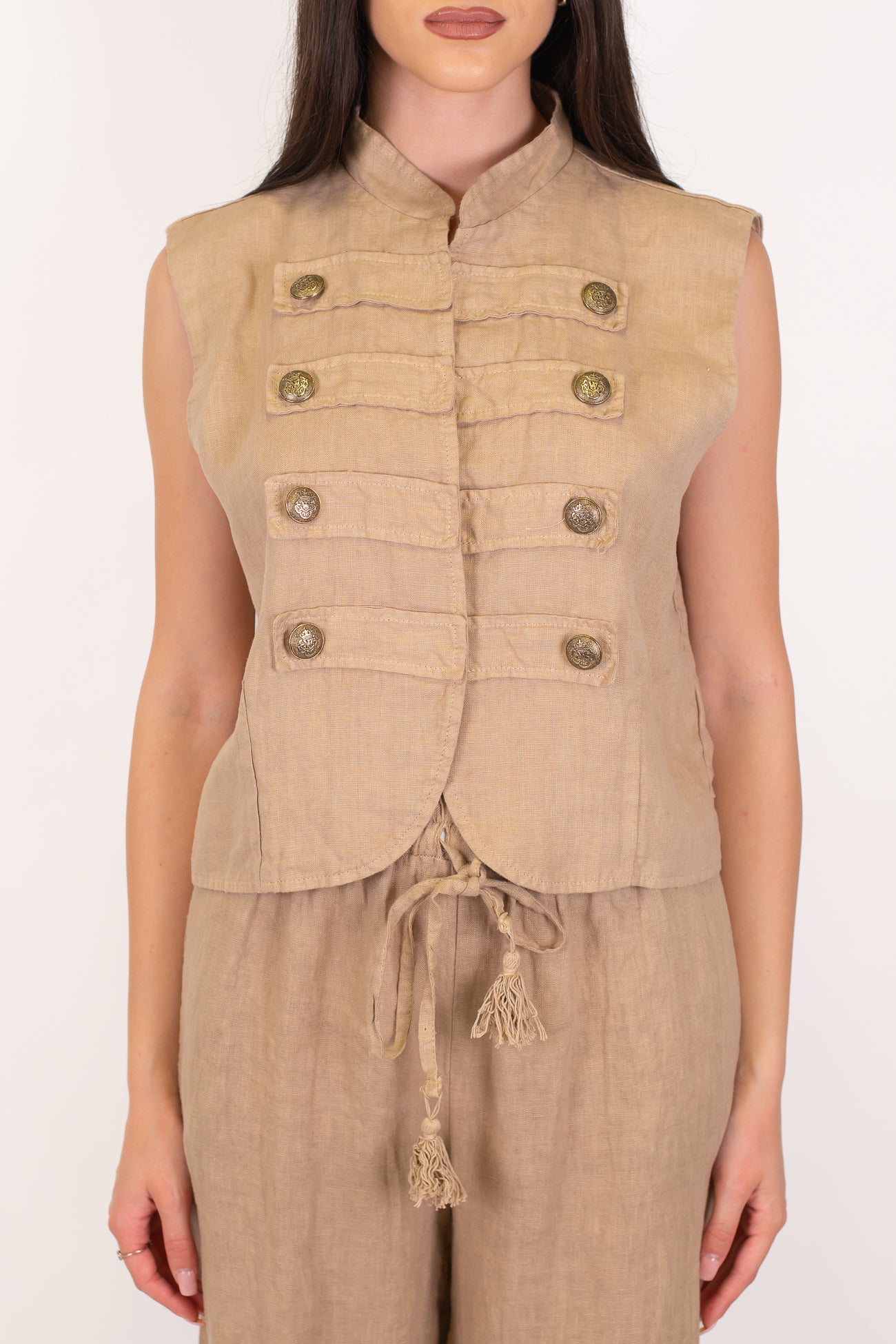 Motel - Gilet modello napoleone in puro lino con collo coreano