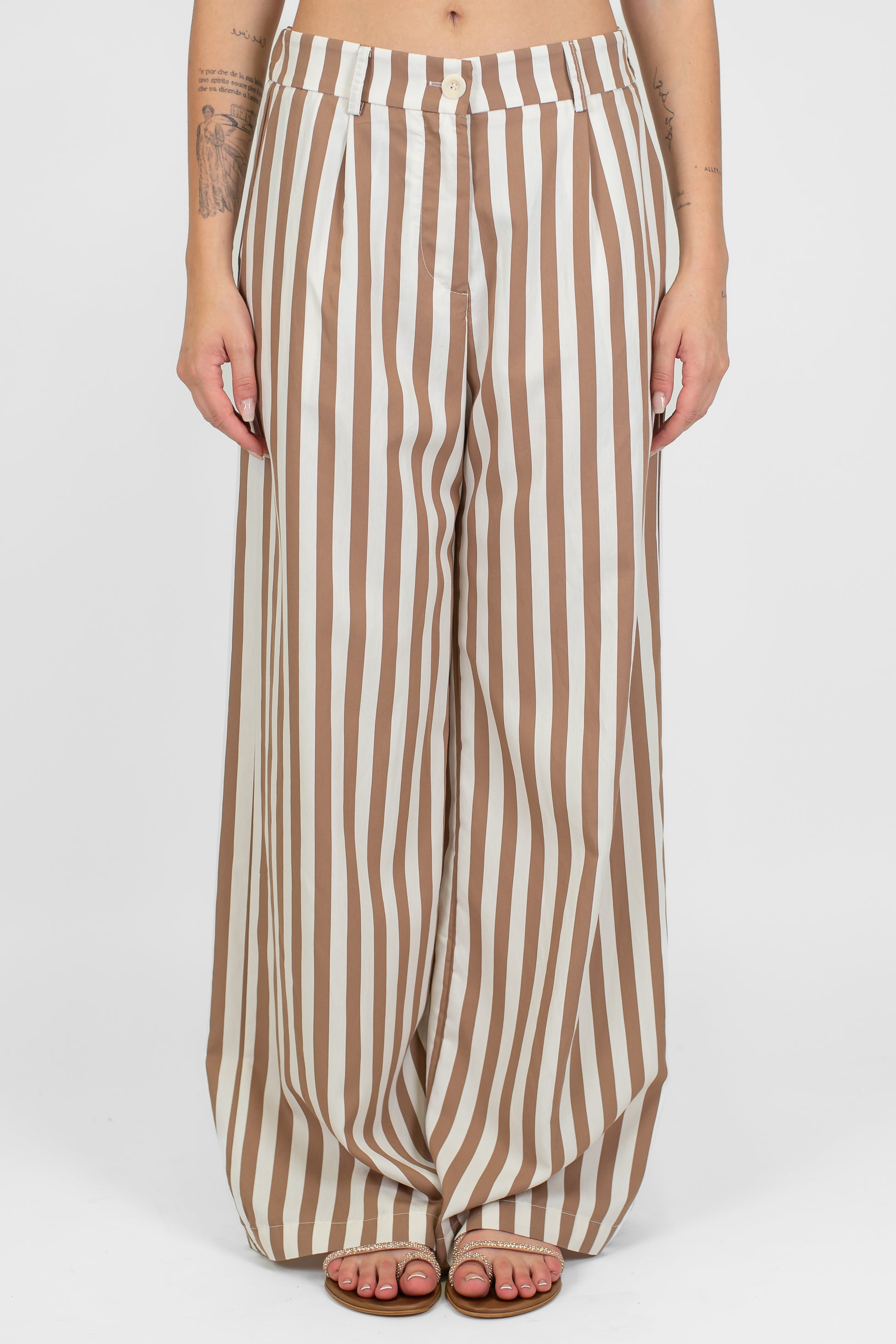 Motel - Pantalone palazzo fantasia a righe in viscosa leggera con elastico sul retro