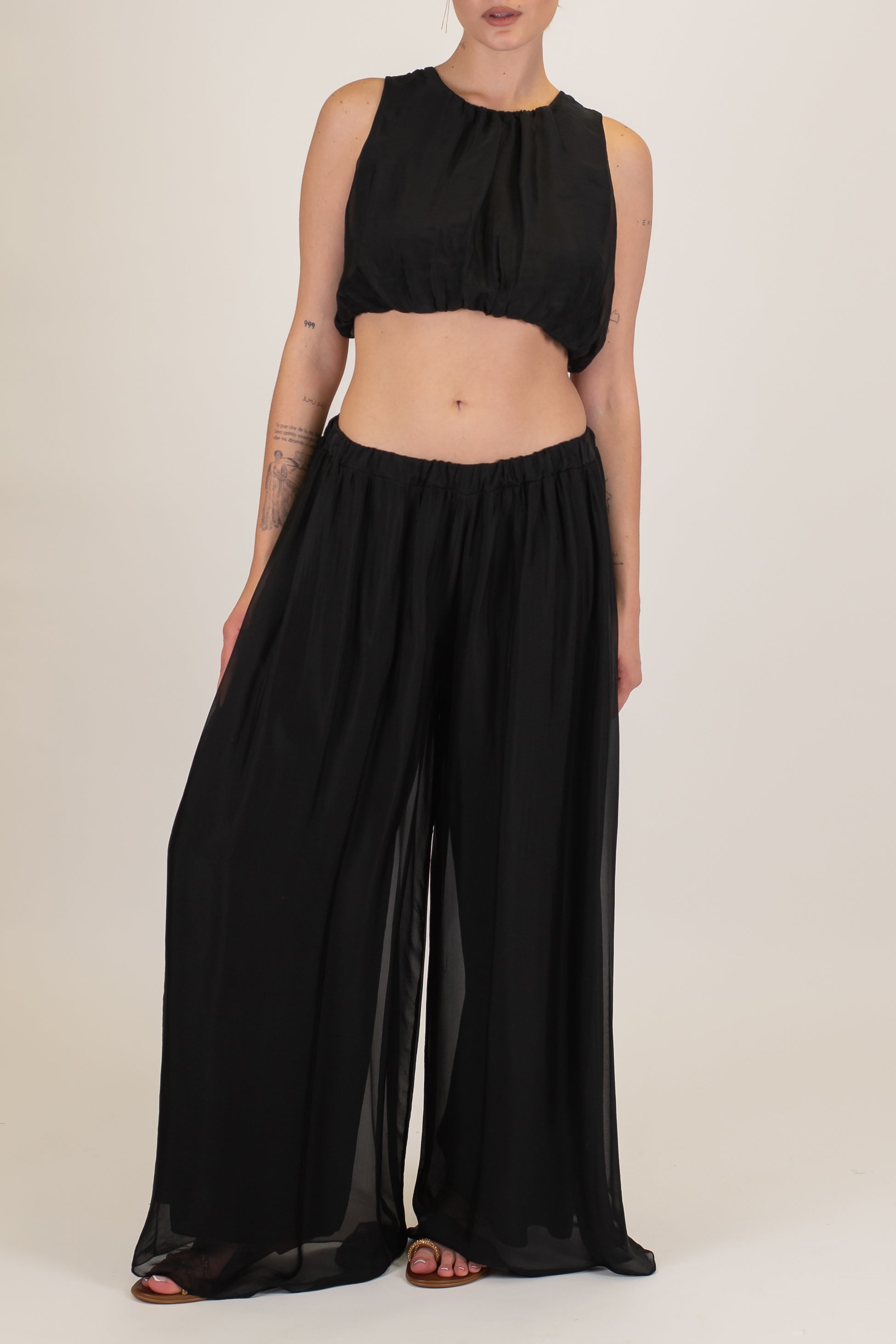 Haveone - Pantalone palazzo in misto viscosa e seta con elastico in vita