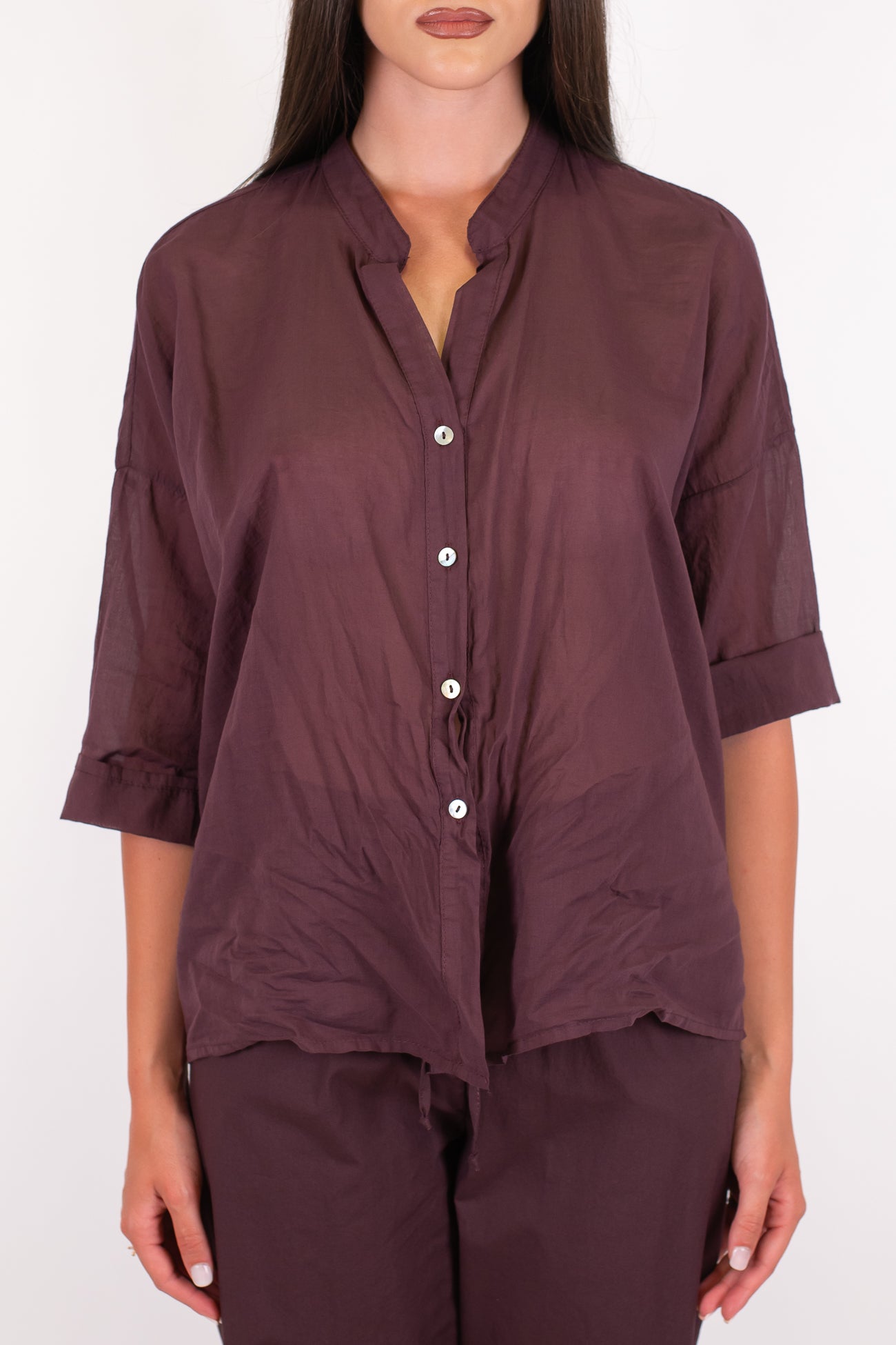 Haveone - Camicia mezzamanica in mussola di cotone con collo coreano