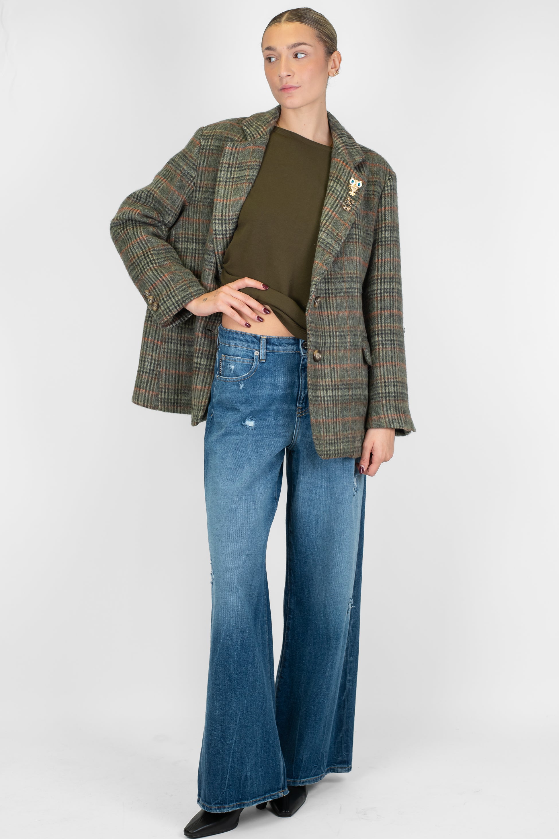 Dixie - Giacca fantasia principe di galles in misto lana con spille gioiello