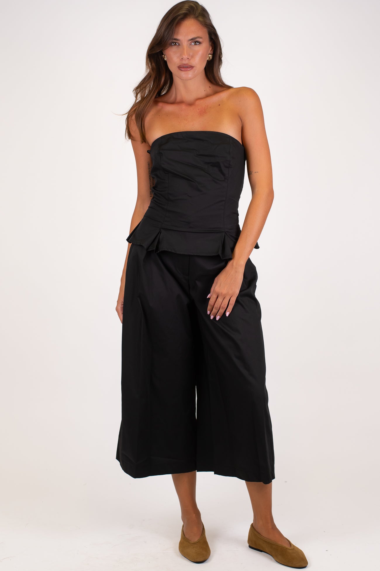 Dixie - Coordinato in cotone tela paracadute con top a fascia e pantalone crop