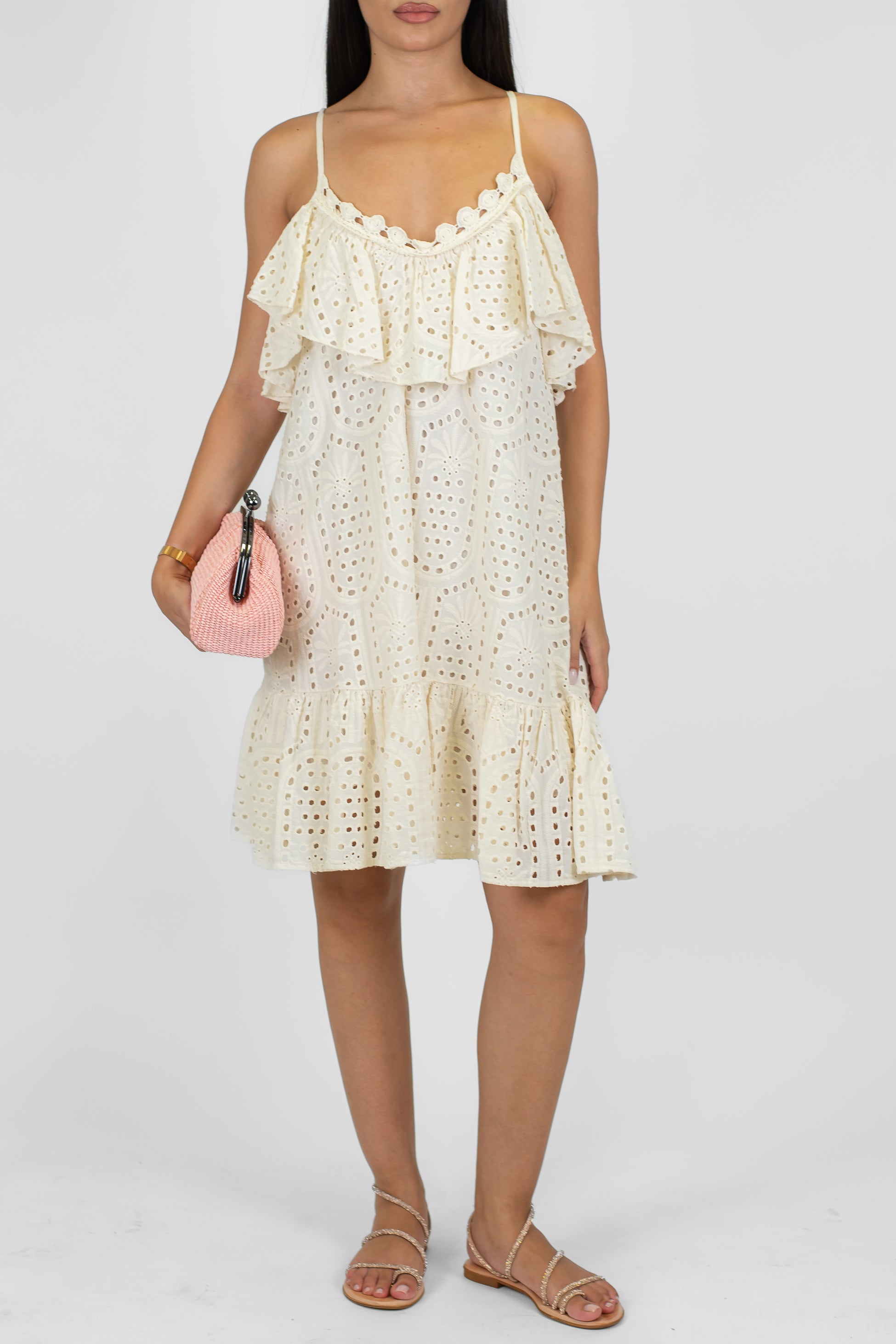 Dixie - Abito corto in pizzo sangallo con bretelle e balze