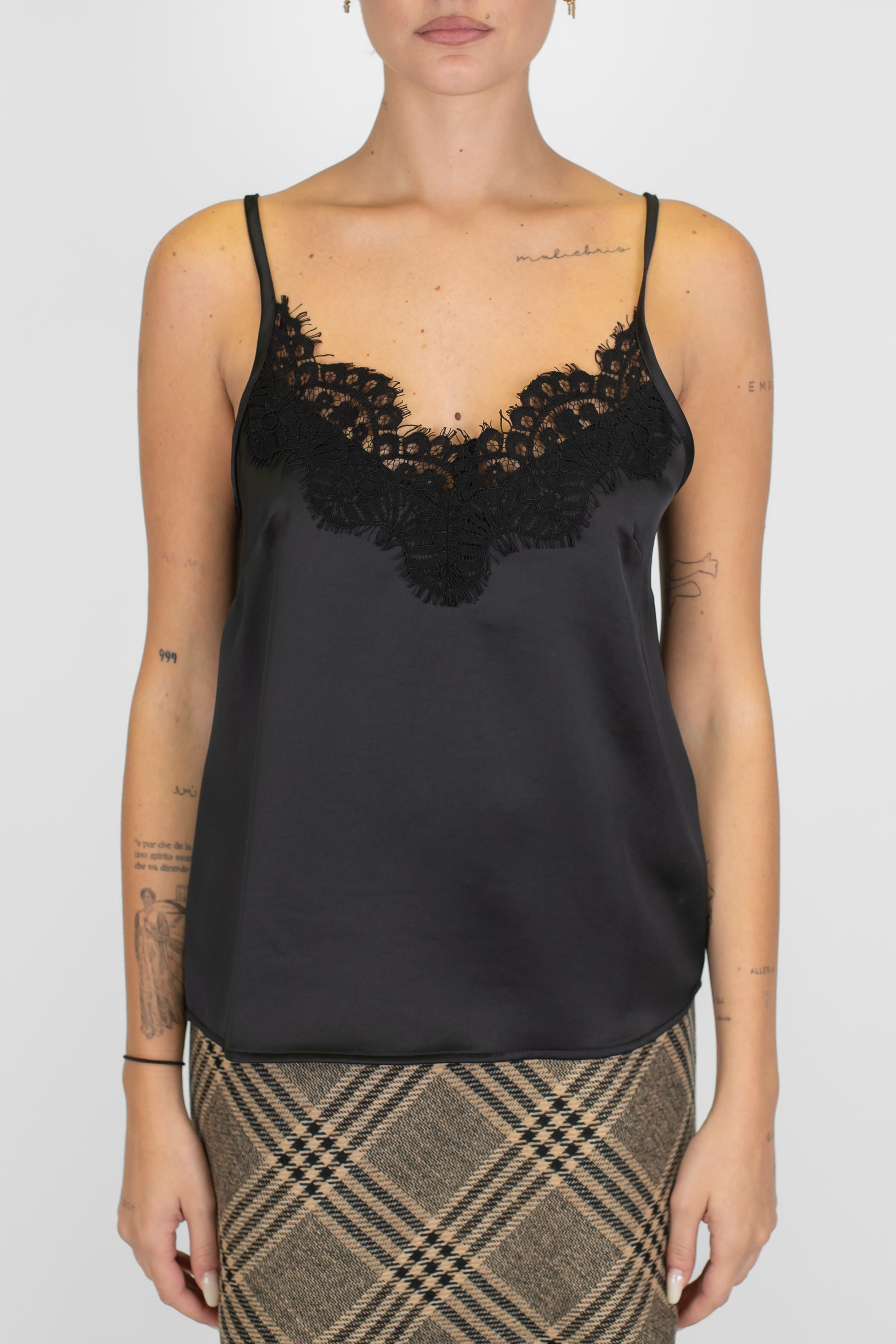 Motel - Top in satin con scollo a V in pizzo e bretelline