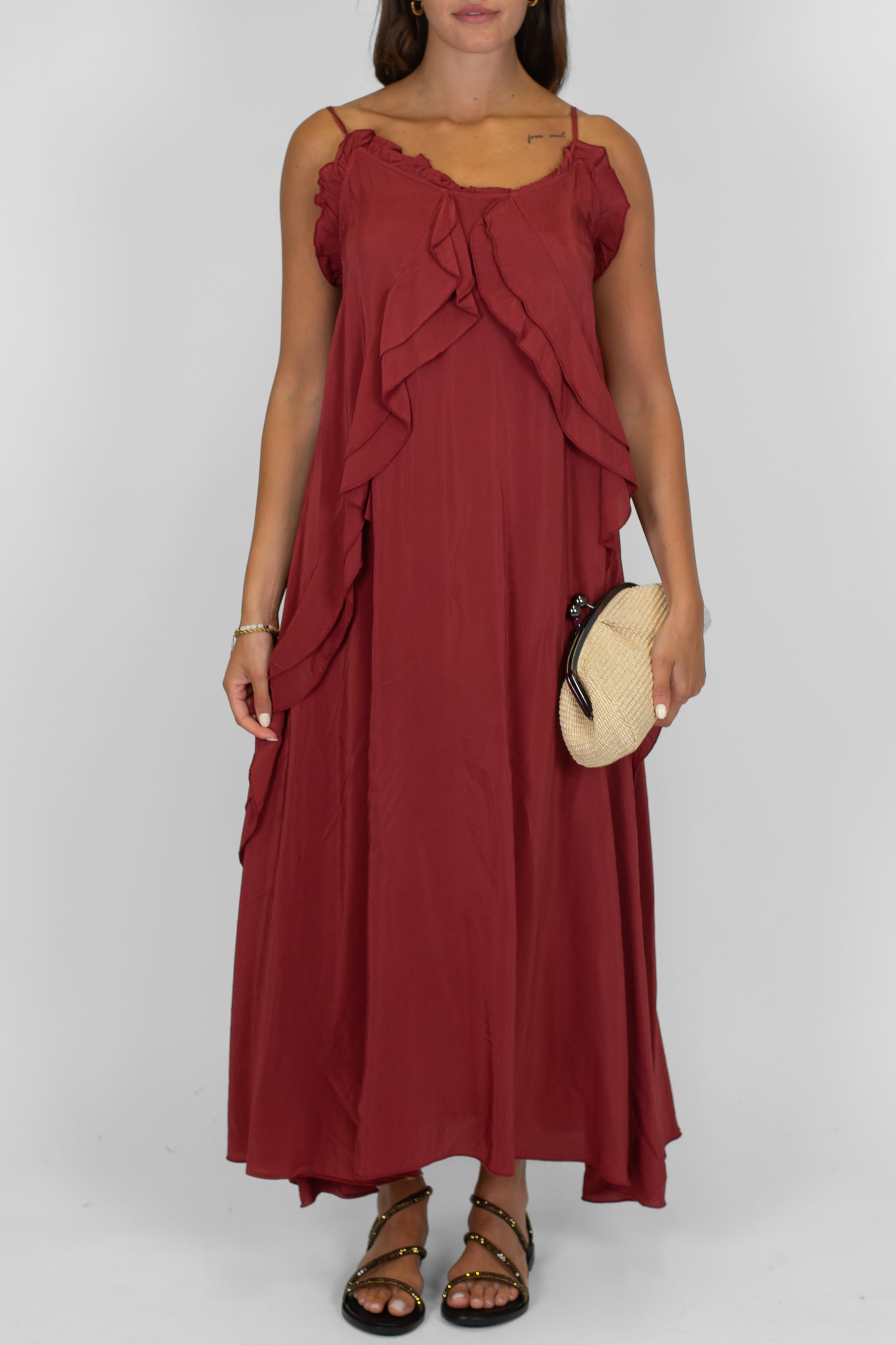 Dixie - Abito lungo con bretelline in viscosa leggera con rouches laterali