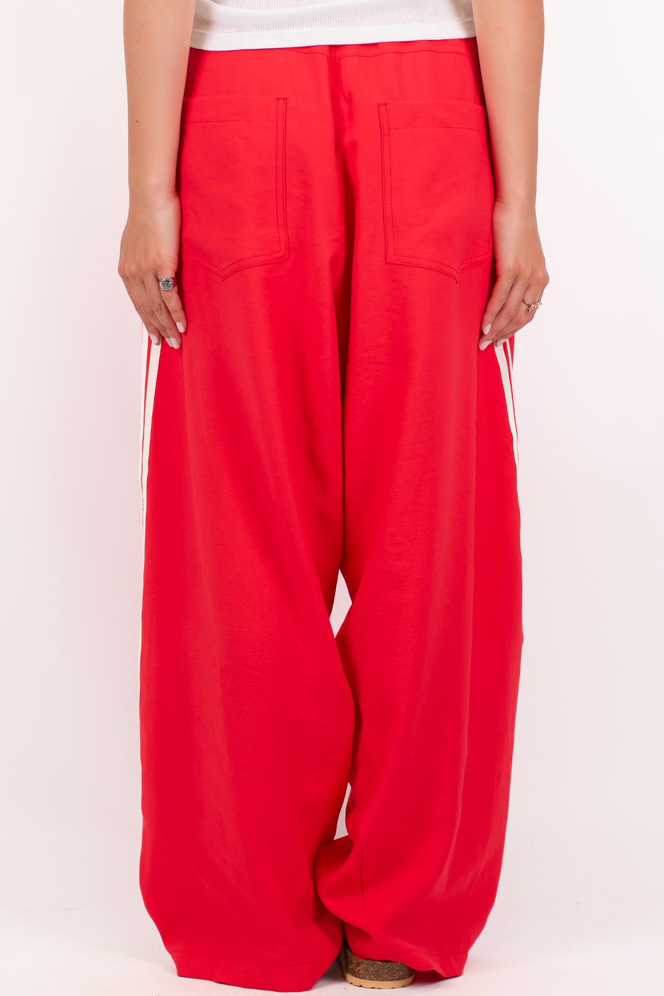 Maryley - Pantalone palazzo in viscosa leggera con coulisse e bande laterali a contrasto