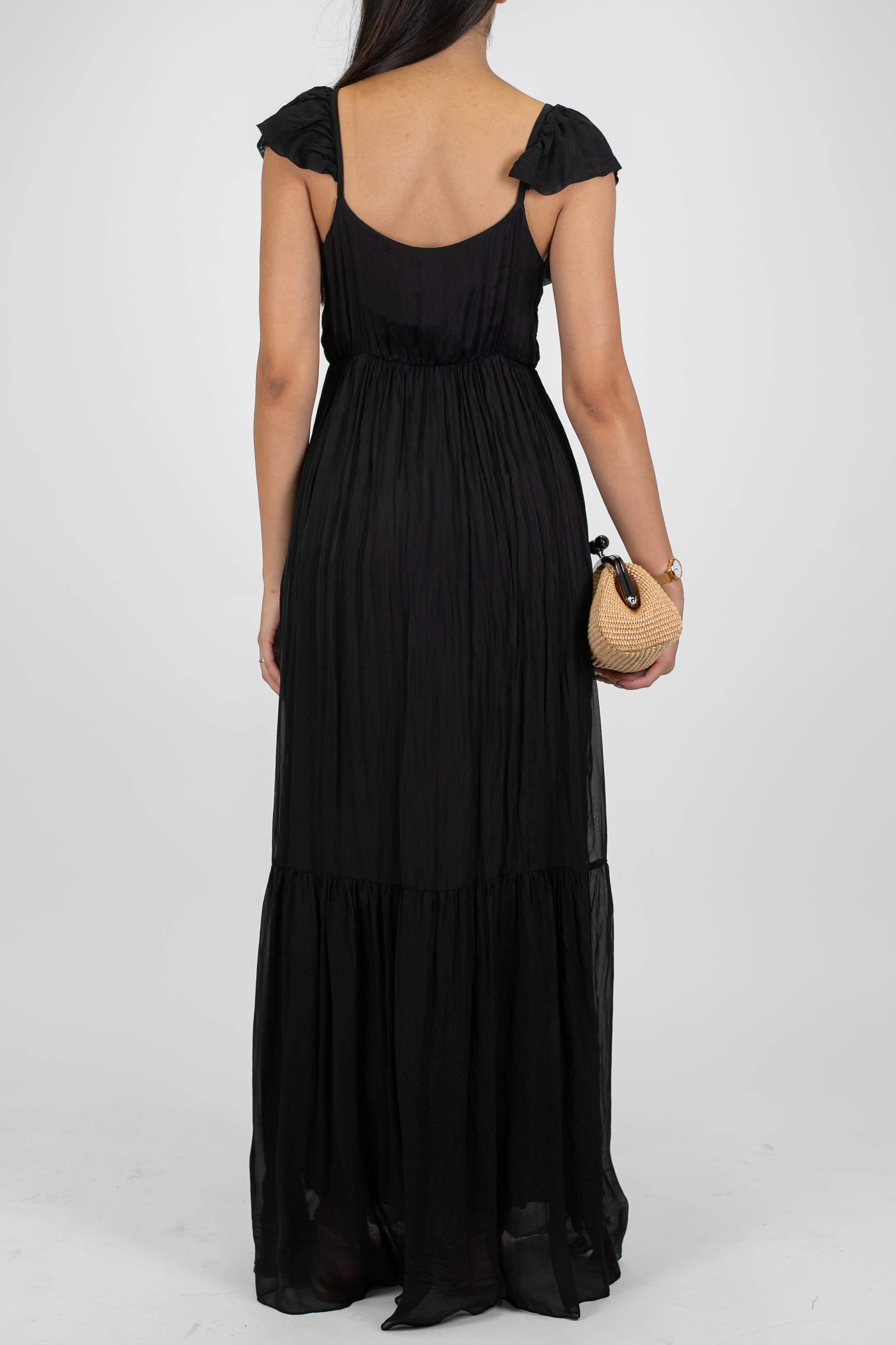 Dixie - Abito lungo in misto seta con scollo a V e rouches