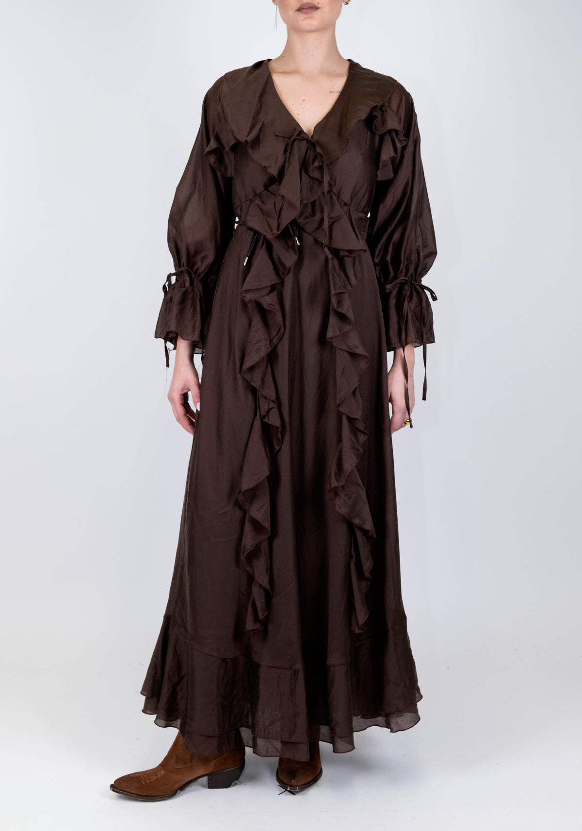 Motel - Abito lungo in tencel con rouches e scollo a V