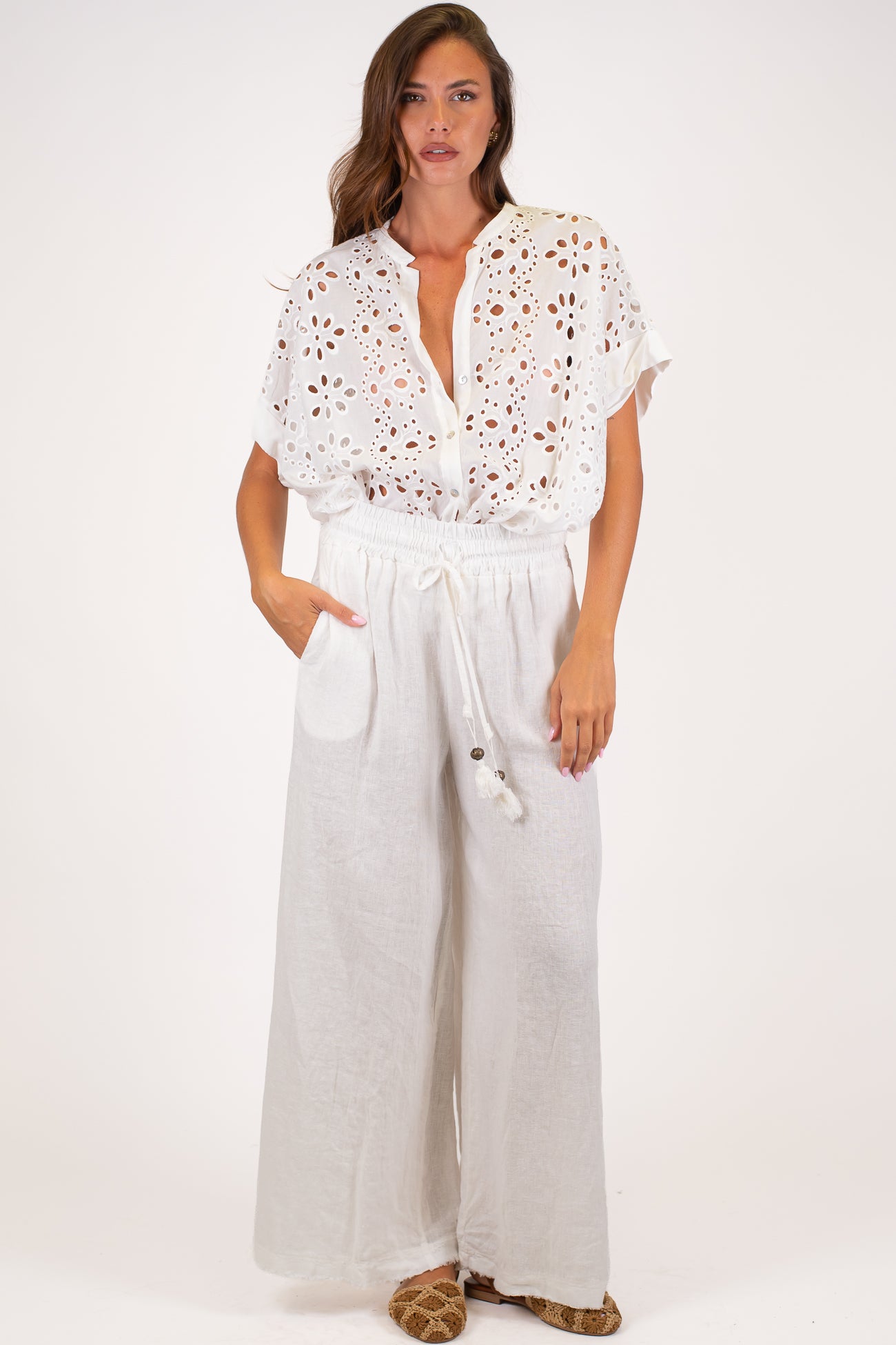 Motel - Pantalone palazzo in lino con coulisse