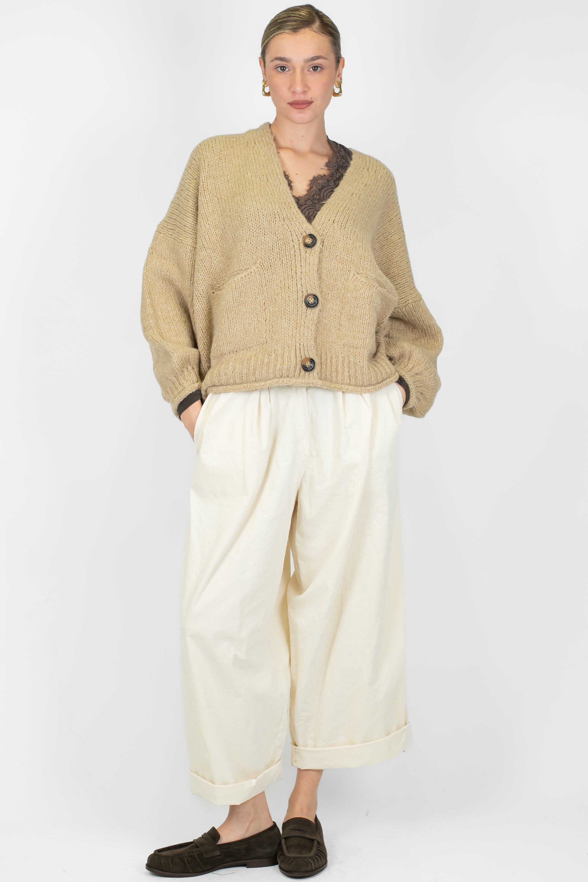 Haveone - Pantalone balloon a gamba ampia in velluto con pinces