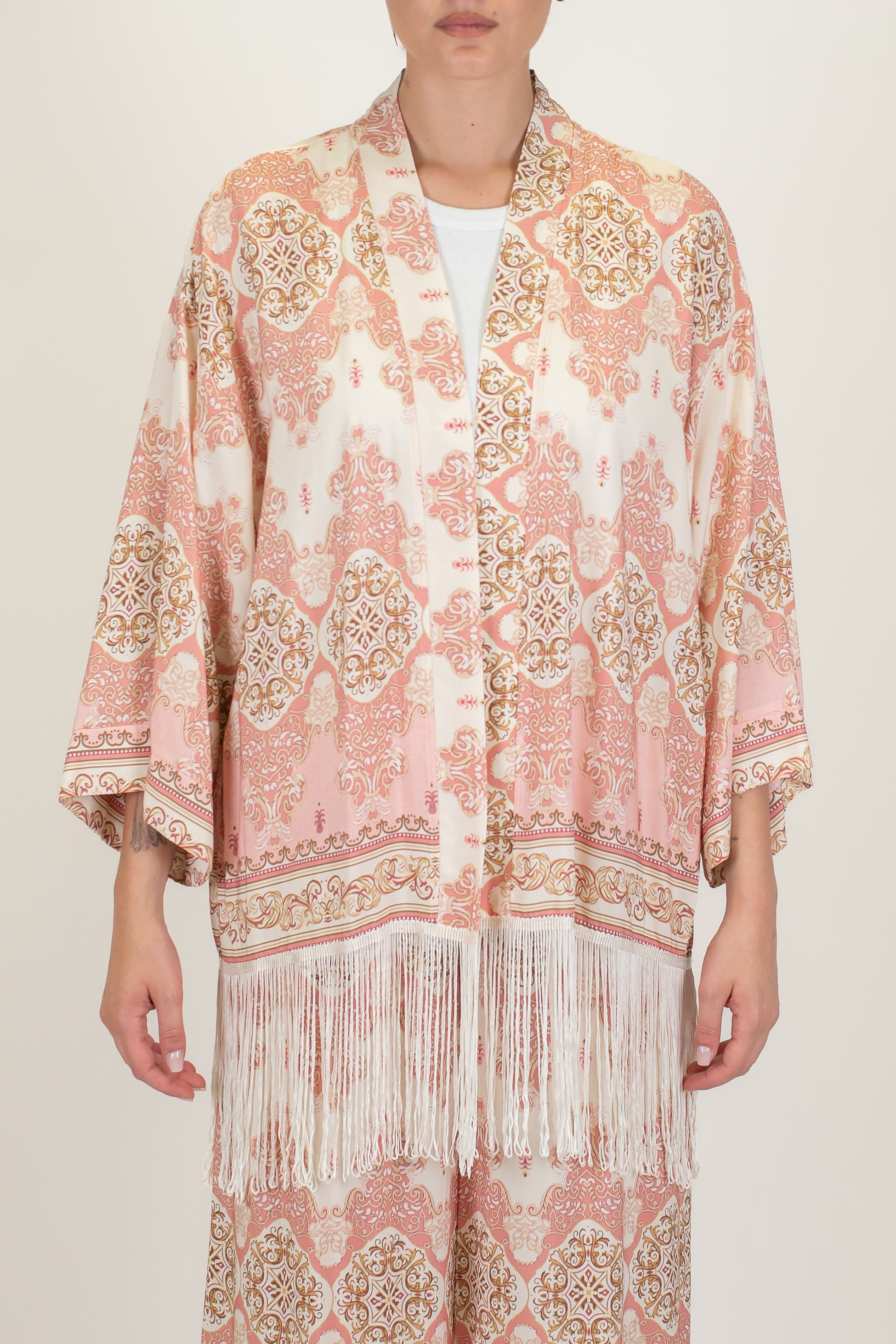 Haveone - Kimono aperto fantasia astratta in viscosa con frange sul fondo