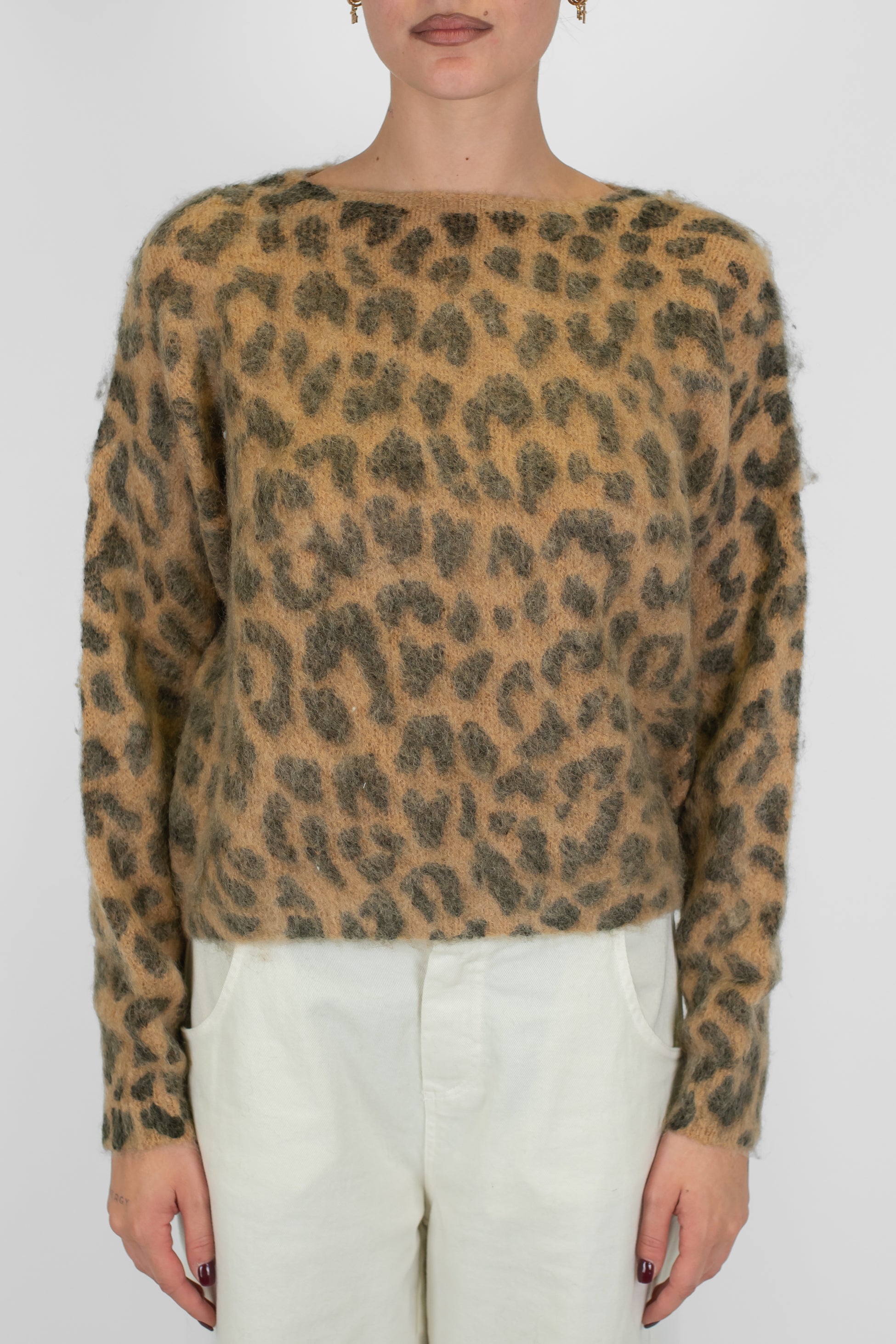 Tensione in - Maglia girocollo fantasia animalier maculata in misto lana mohair