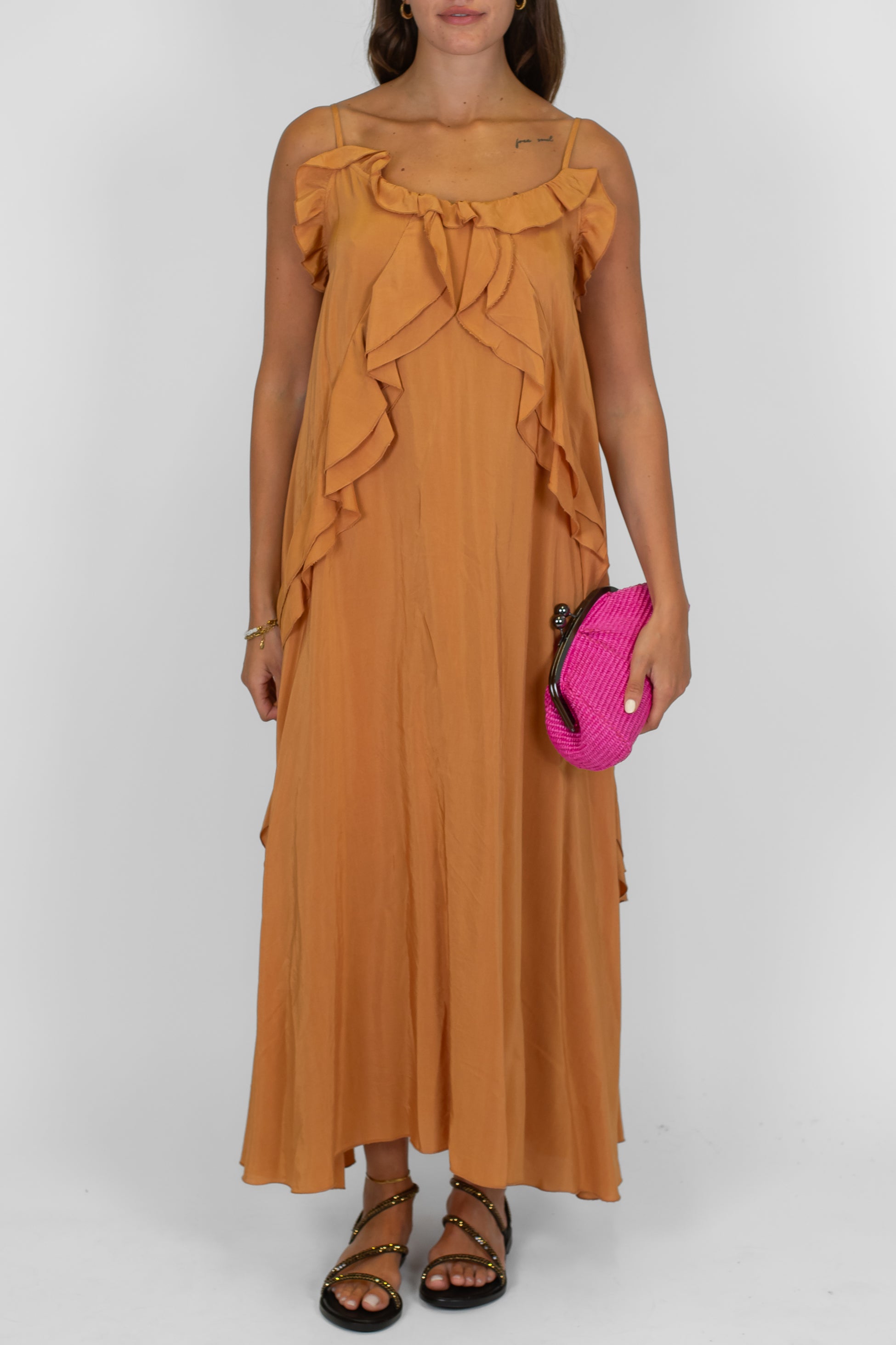 Dixie - Abito lungo con bretelline in viscosa leggera con rouches laterali