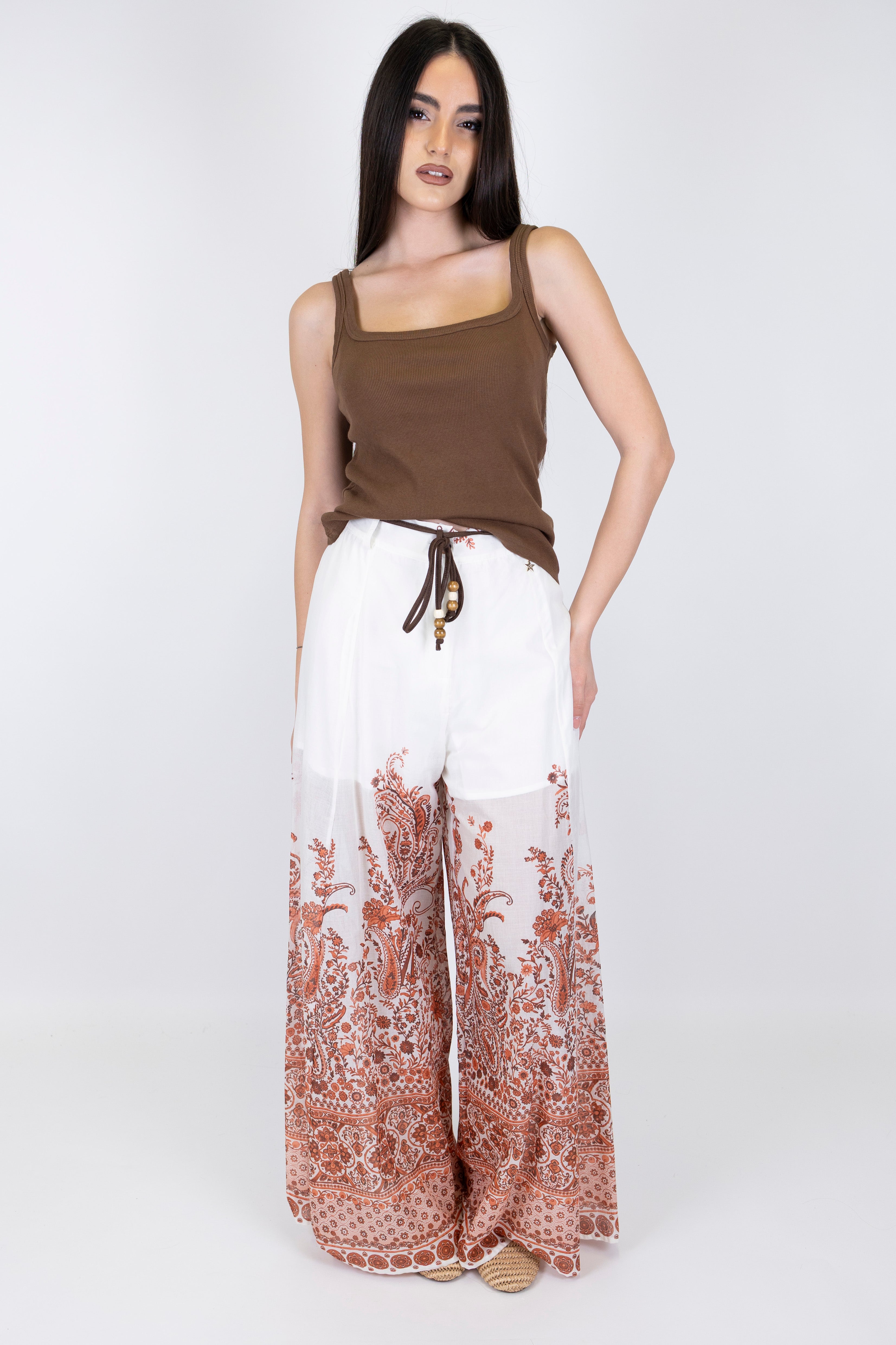 Souvenir - Pantalone palazzo fantasia floreale in mussola di cotone con elastico sul retro