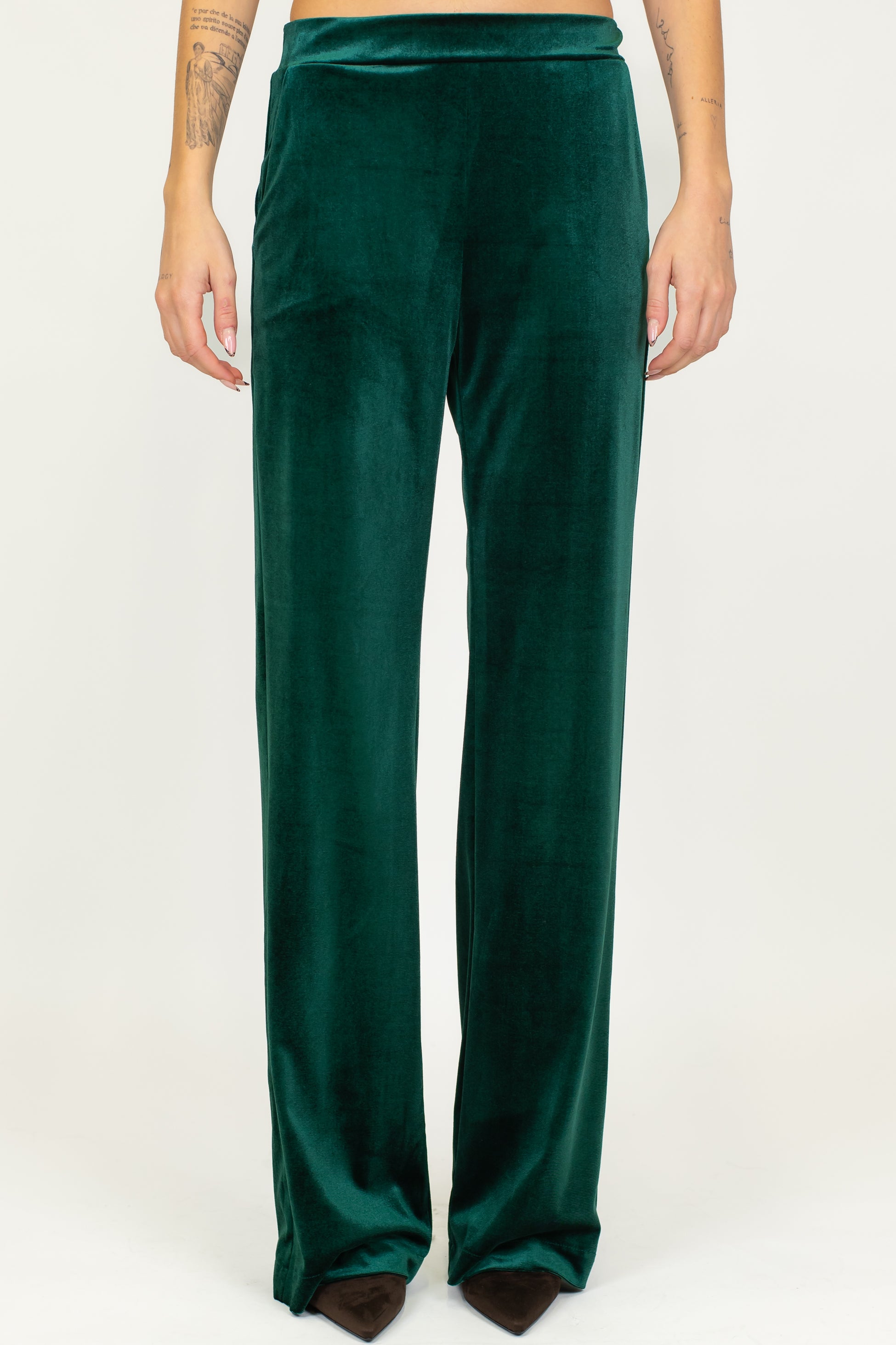 Maryley - Tailleur giacca con collo sciallato e pantalone palazzo in velluto con elastico in vita