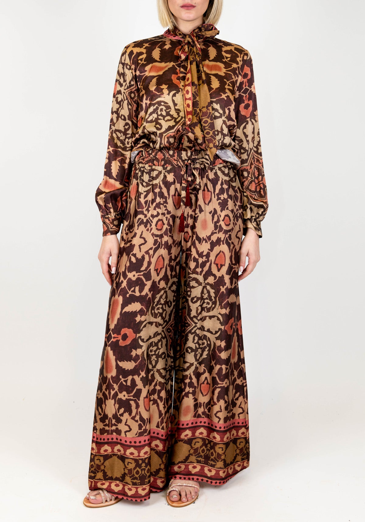 Motel - Pantalone palazzo fantasia astratta in viscosa con coulisse