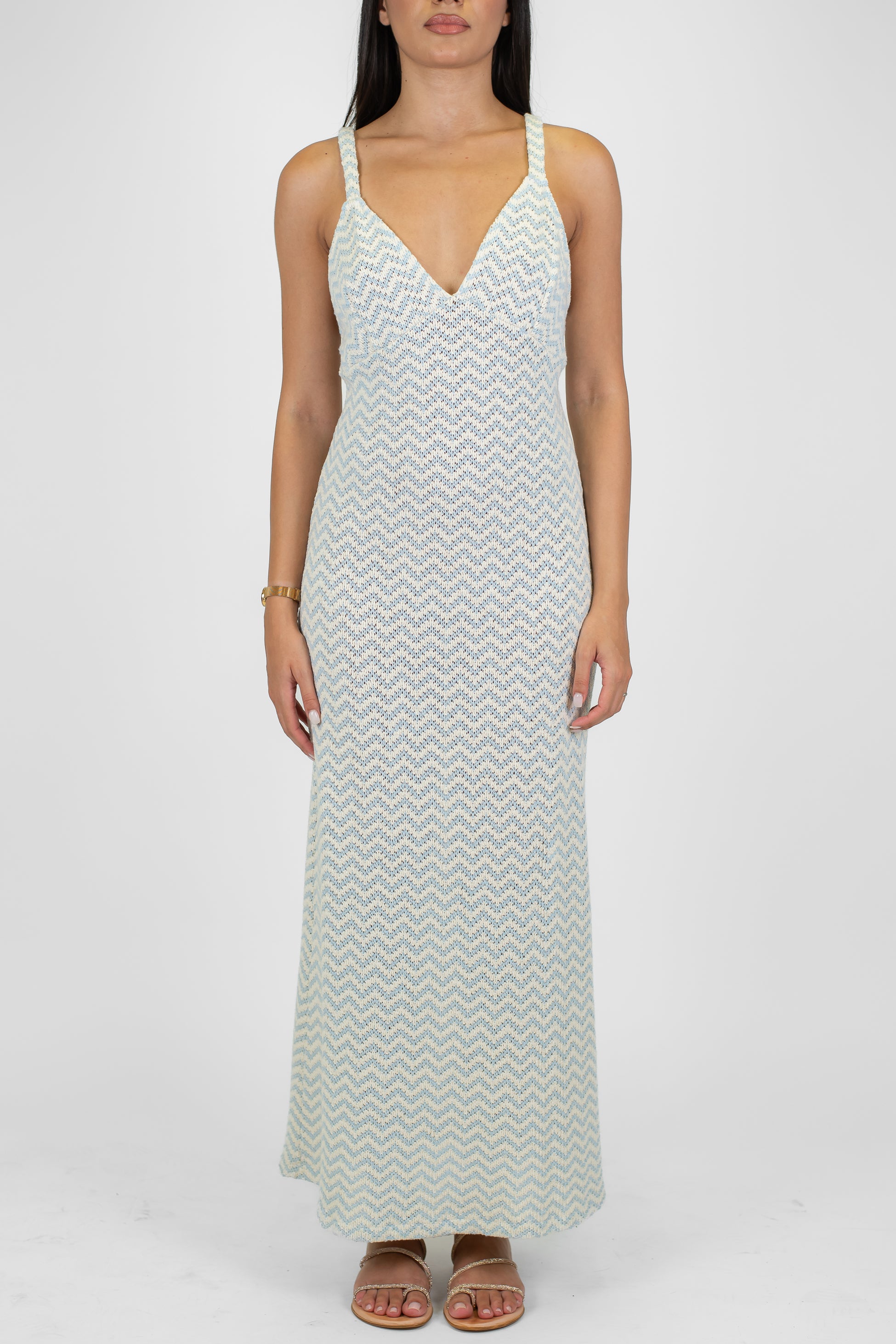 Tensione in - Abito lungo ricamato fantasia zig zag con bretelle