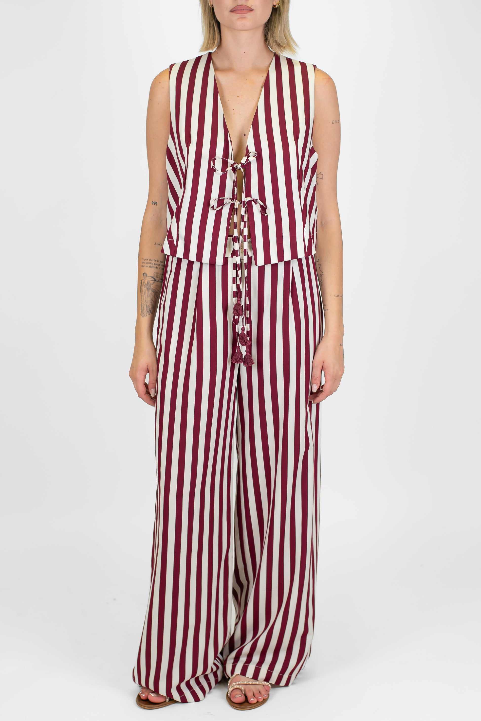 Motel - Pantalone palazzo fantasia a righe in viscosa leggera con elastico sul retro